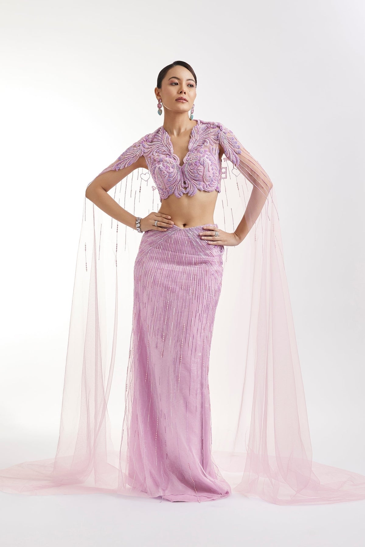 Lilac Embroidered Lehenga Set With Cape Blouse