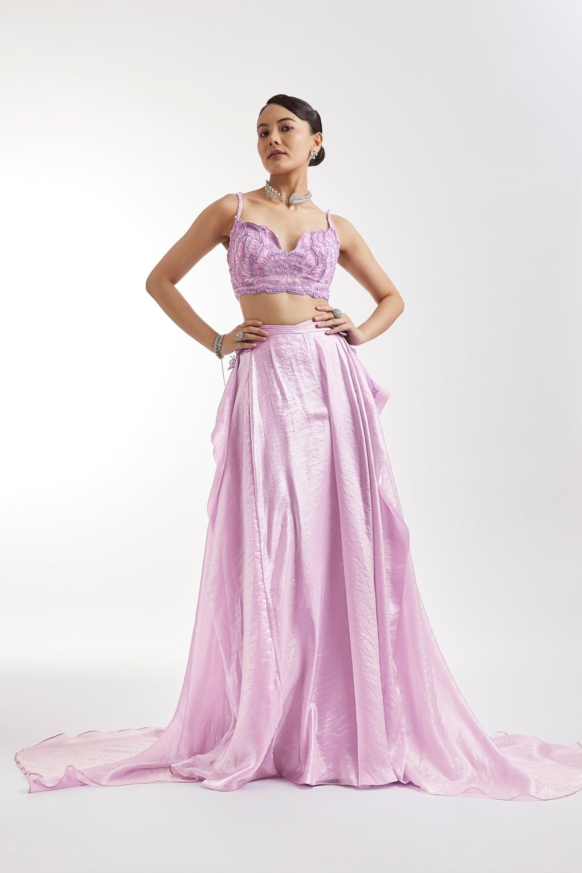 Lilac Embroidered Lehenga Set With Panel Detailing