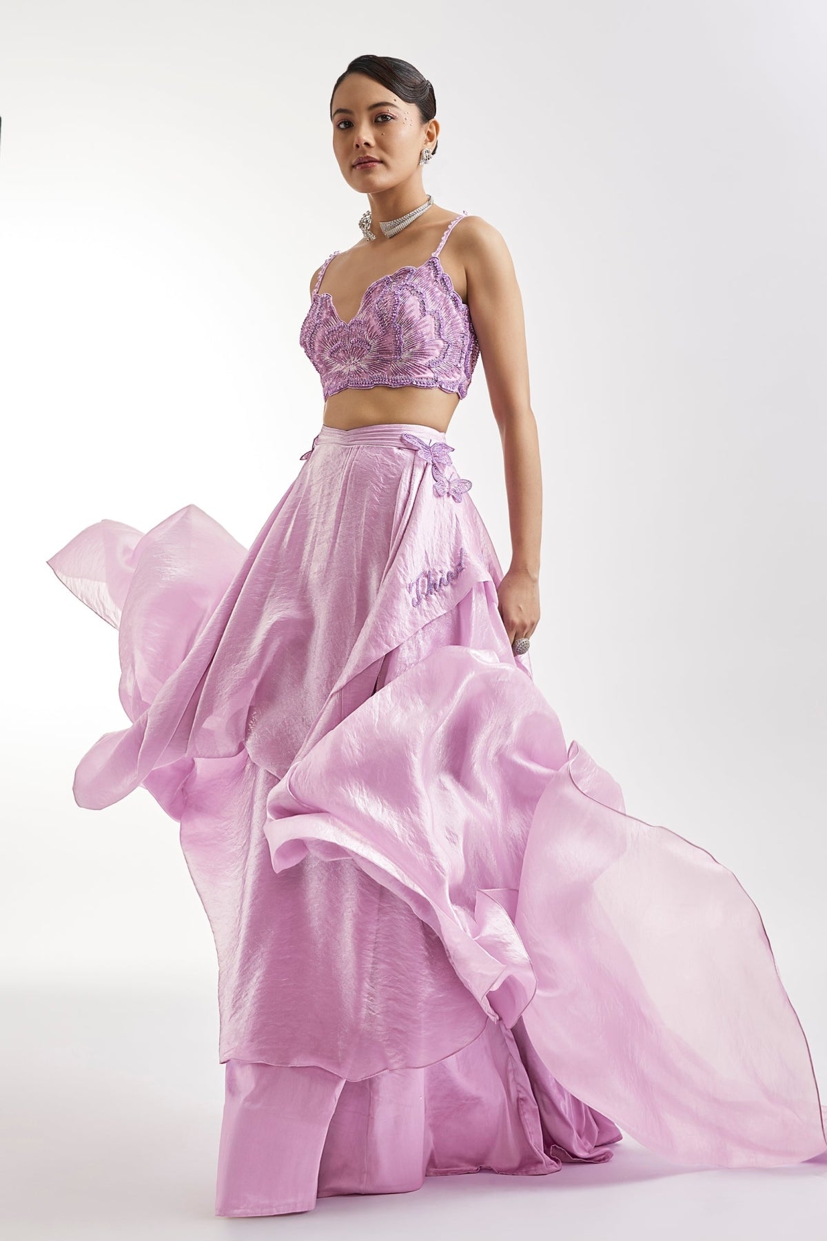 Lilac Embroidered Lehenga Set With Panel Detailing