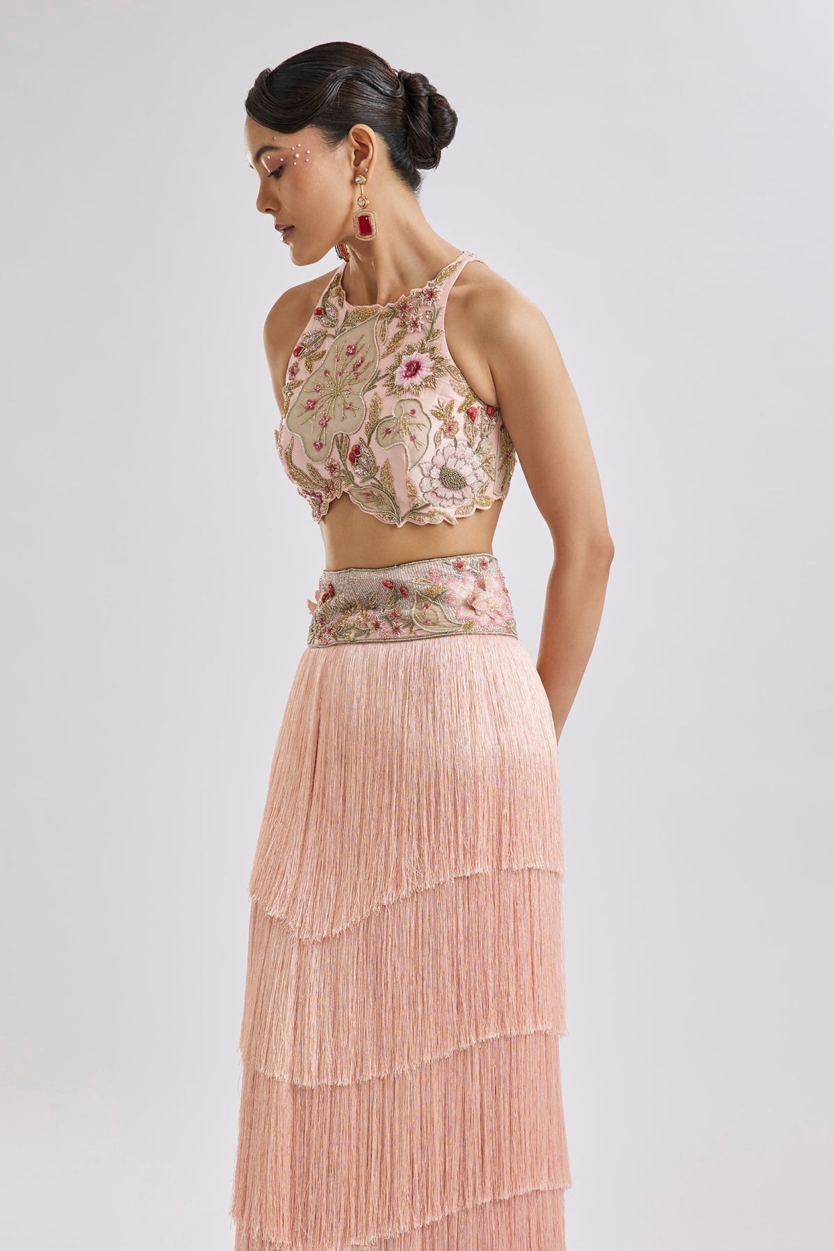 Peach Embroidered Blouse With Fringed Skirt Set