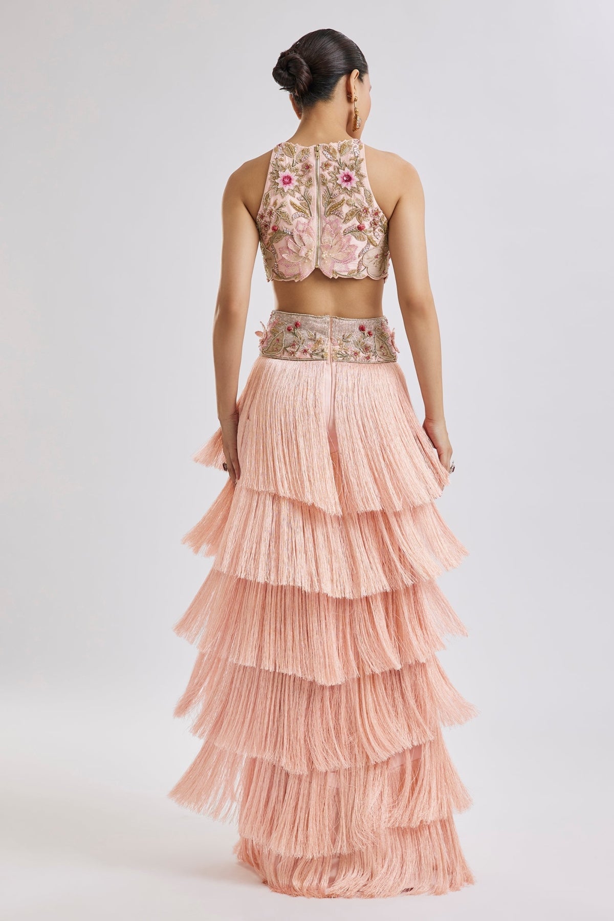 Peach Embroidered Blouse With Fringed Skirt Set