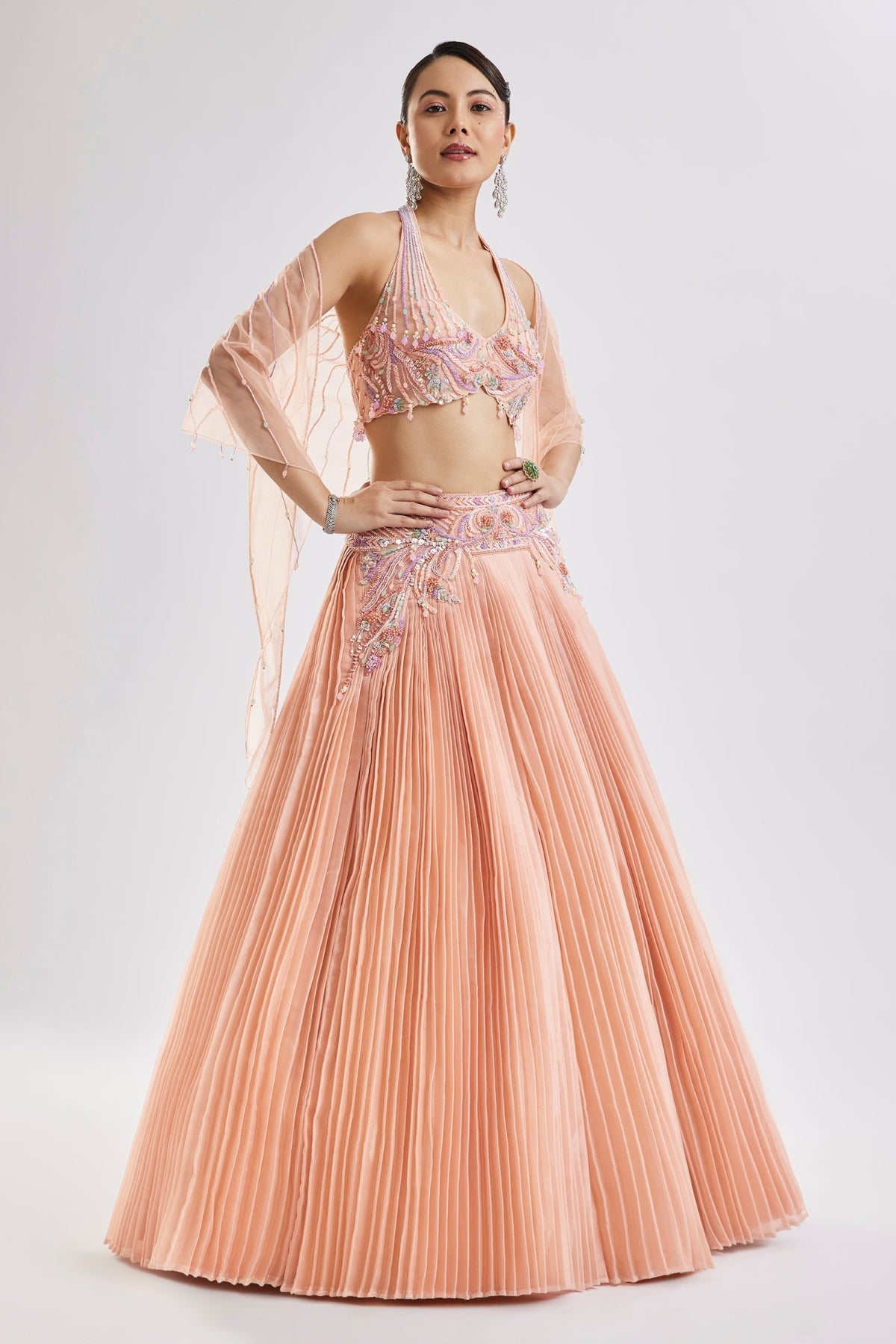 Peach Embroidered Lehenga Set With Dupatta
