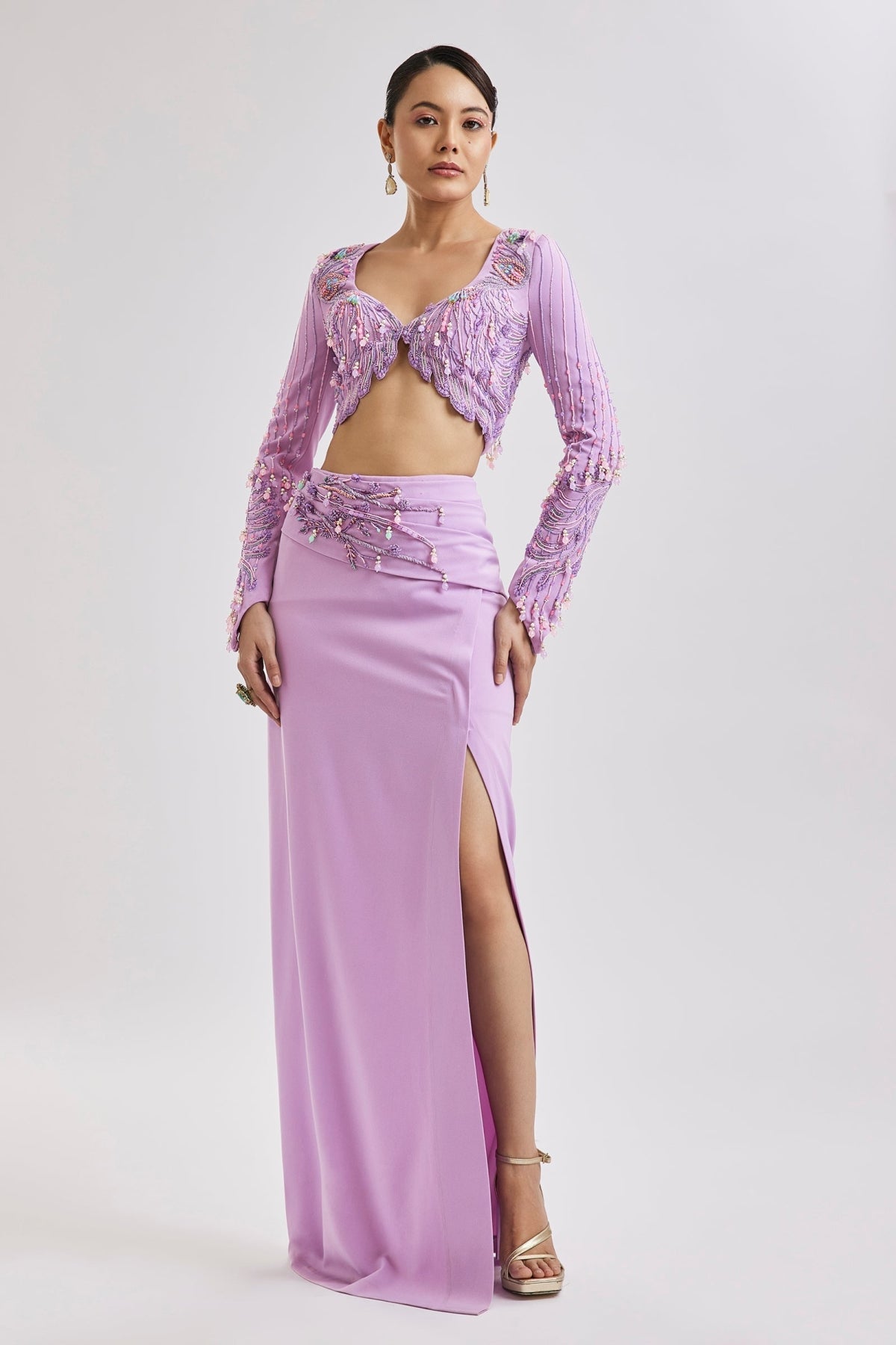 Lilac Embroidered Blouse With Draped Skirt Set