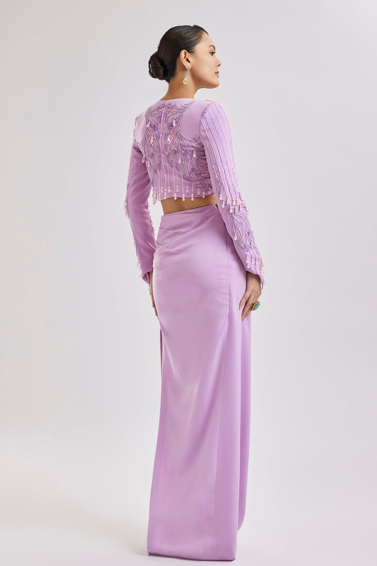Lilac Embroidered Blouse With Draped Skirt Set