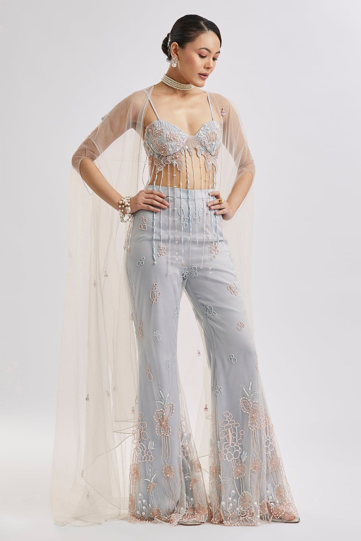 Sky Blue Embroidered Corset Cape Set
