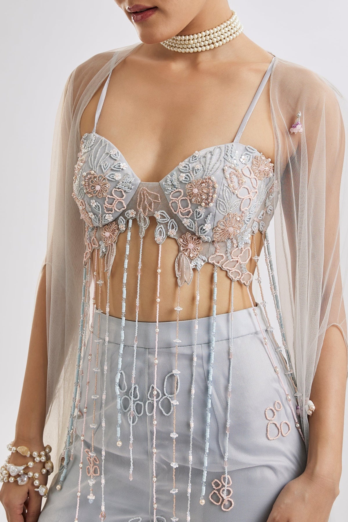 Sky Blue Embroidered Corset Cape Set
