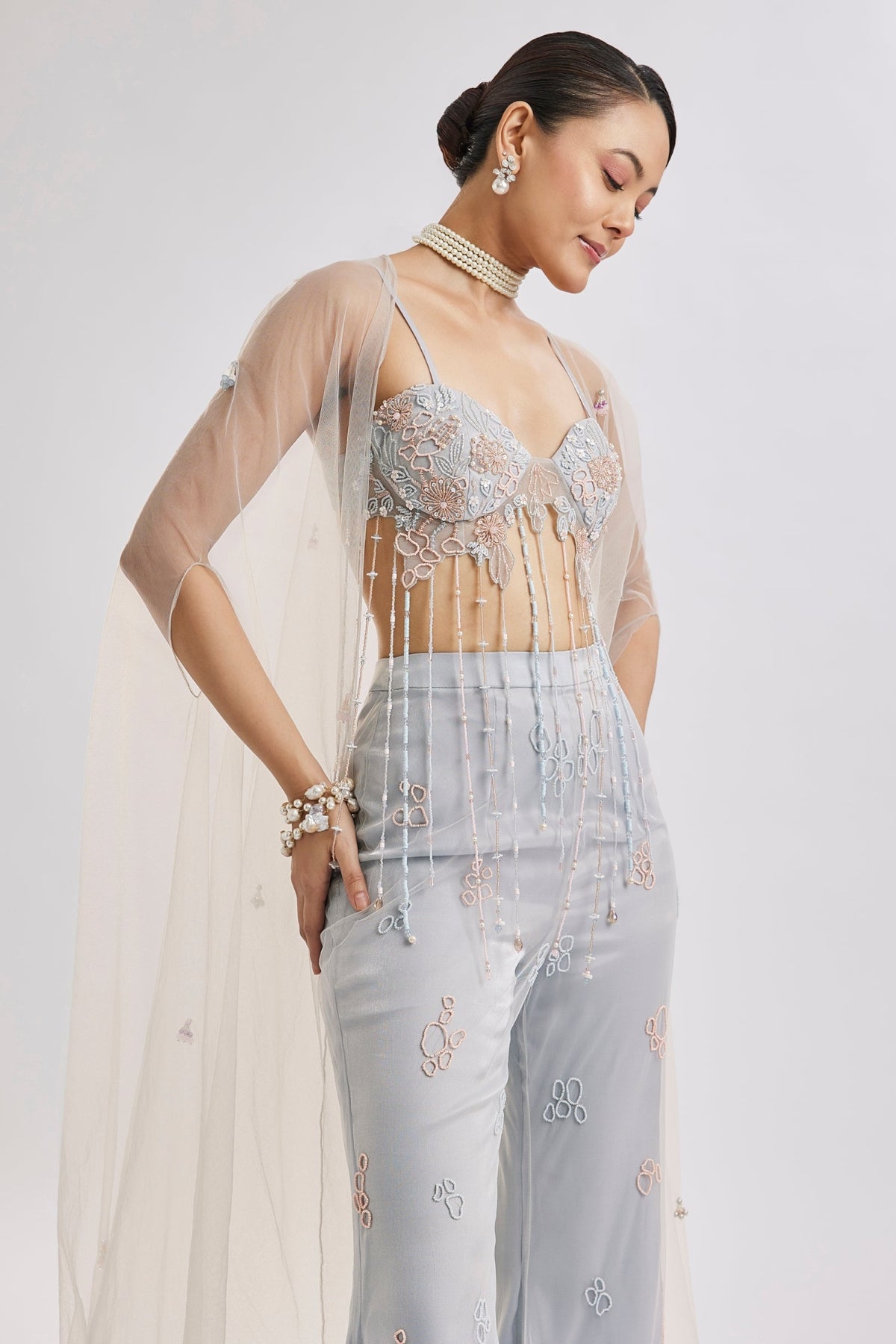 Sky Blue Embroidered Corset Cape Set