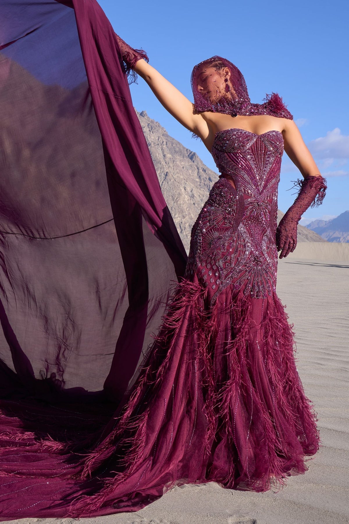 Wine Mermaid Feather Trail Gown With Embroidered Gloves And Veil