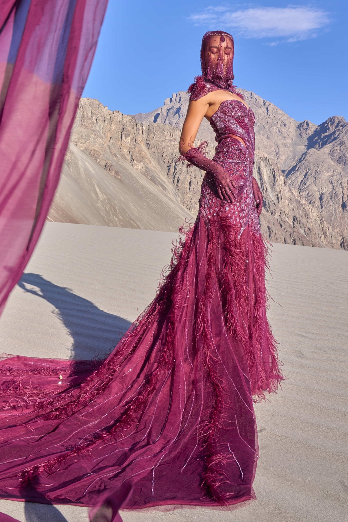 Wine Mermaid Feather Trail Gown With Embroidered Gloves And Veil