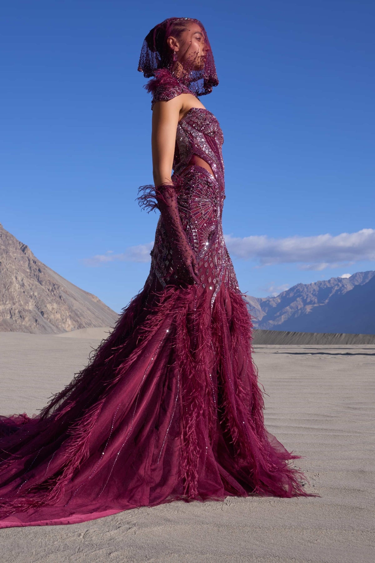 Wine Mermaid Feather Trail Gown With Embroidered Gloves And Veil