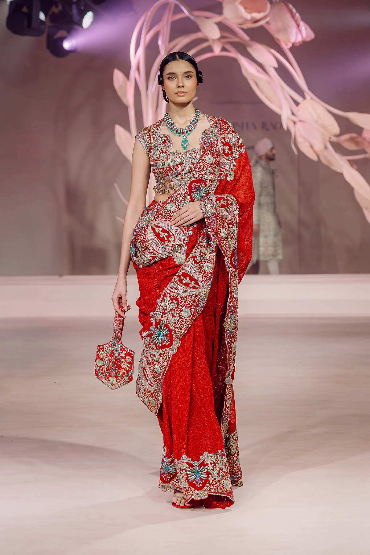 Tehmina - Rosewood red mesh saree