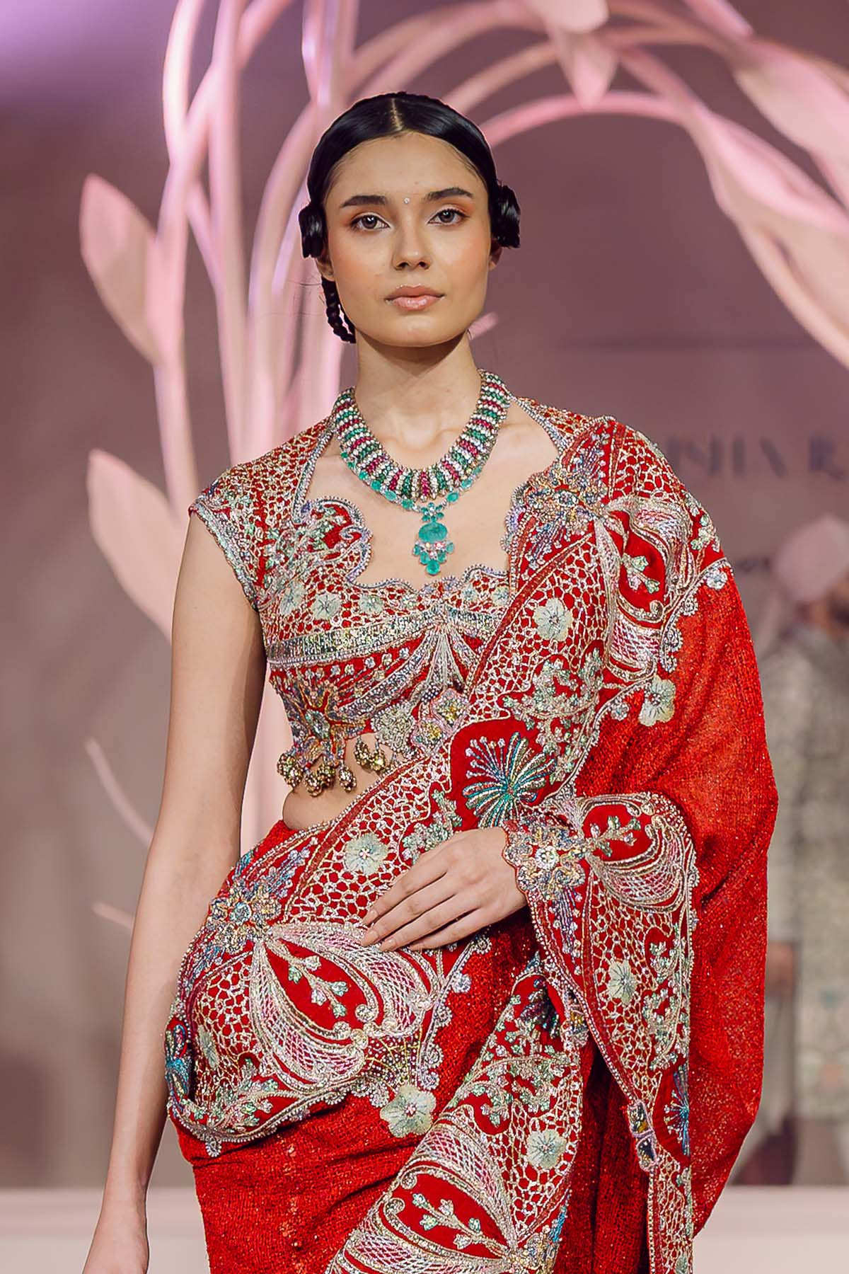 Tehmina - Rosewood red mesh saree