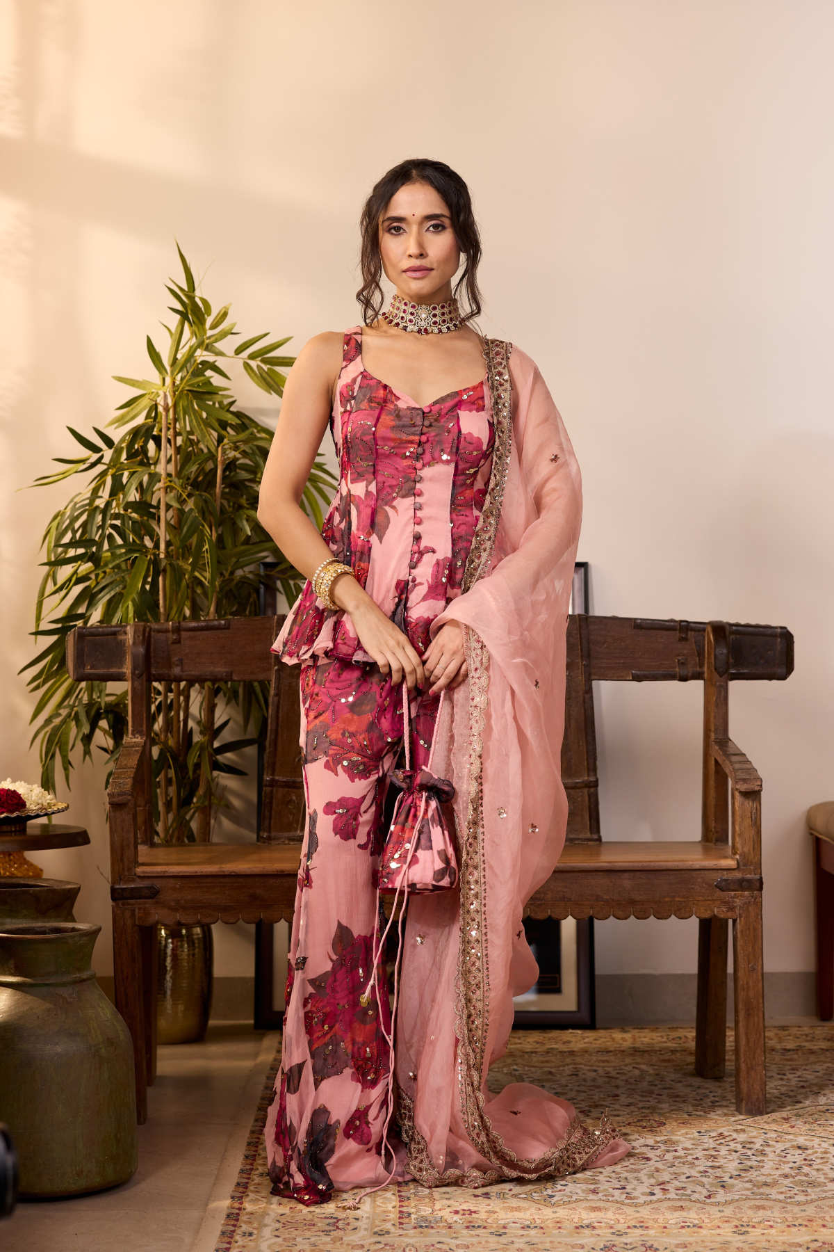 PEACH PINK CHIFFON FLORAL A-LINE SHORT KURTA & PANTS