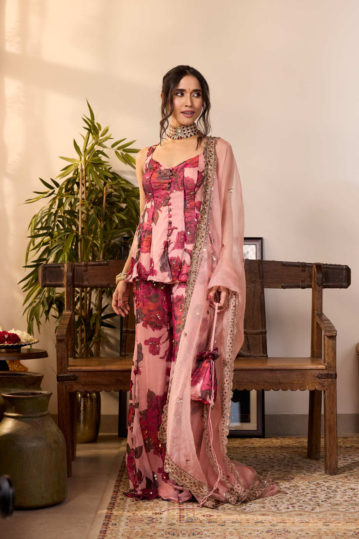 PEACH PINK CHIFFON FLORAL A-LINE SHORT KURTA & PANTS