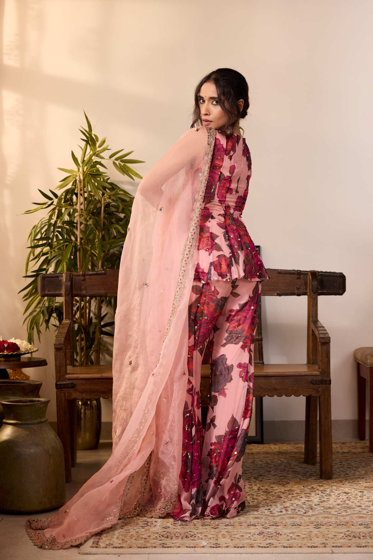PEACH PINK CHIFFON FLORAL A-LINE SHORT KURTA & PANTS