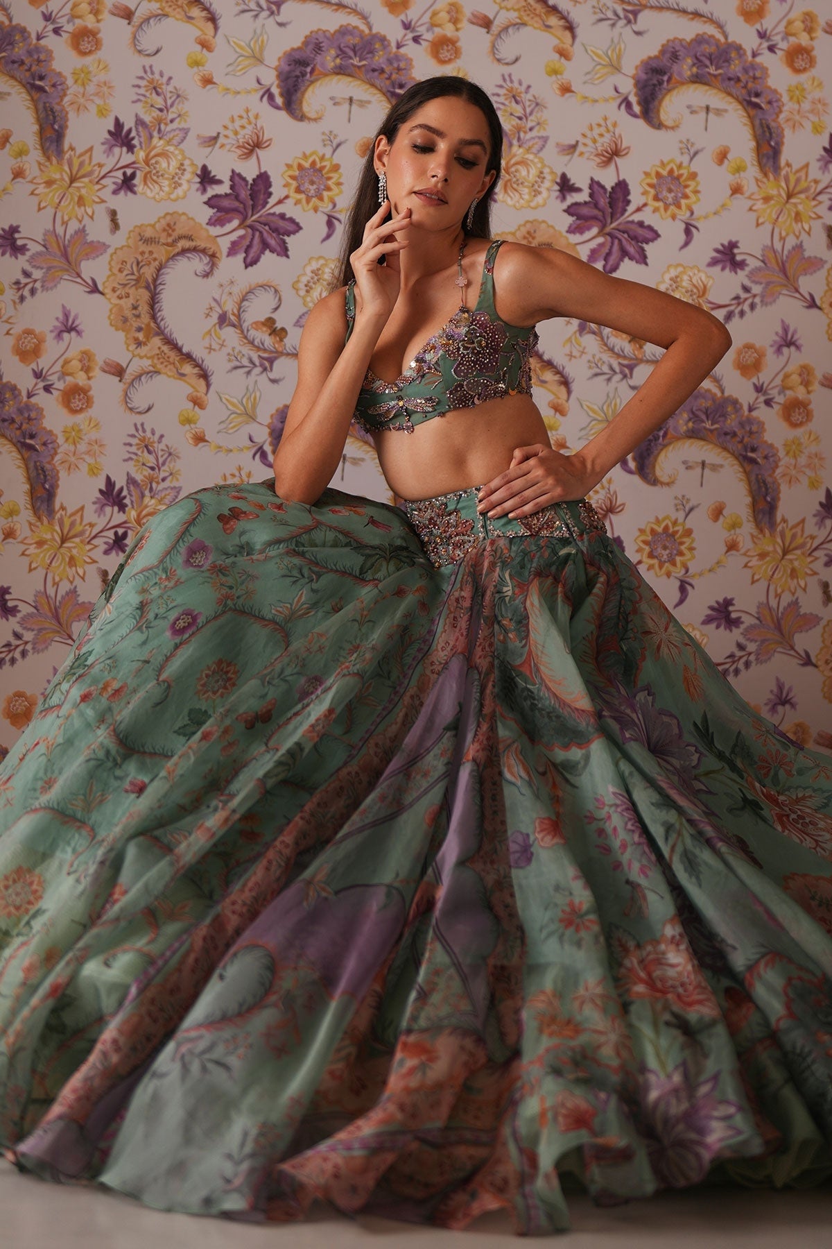 Areeba Floral Lehenga With Hand Embroidered Bralette Top