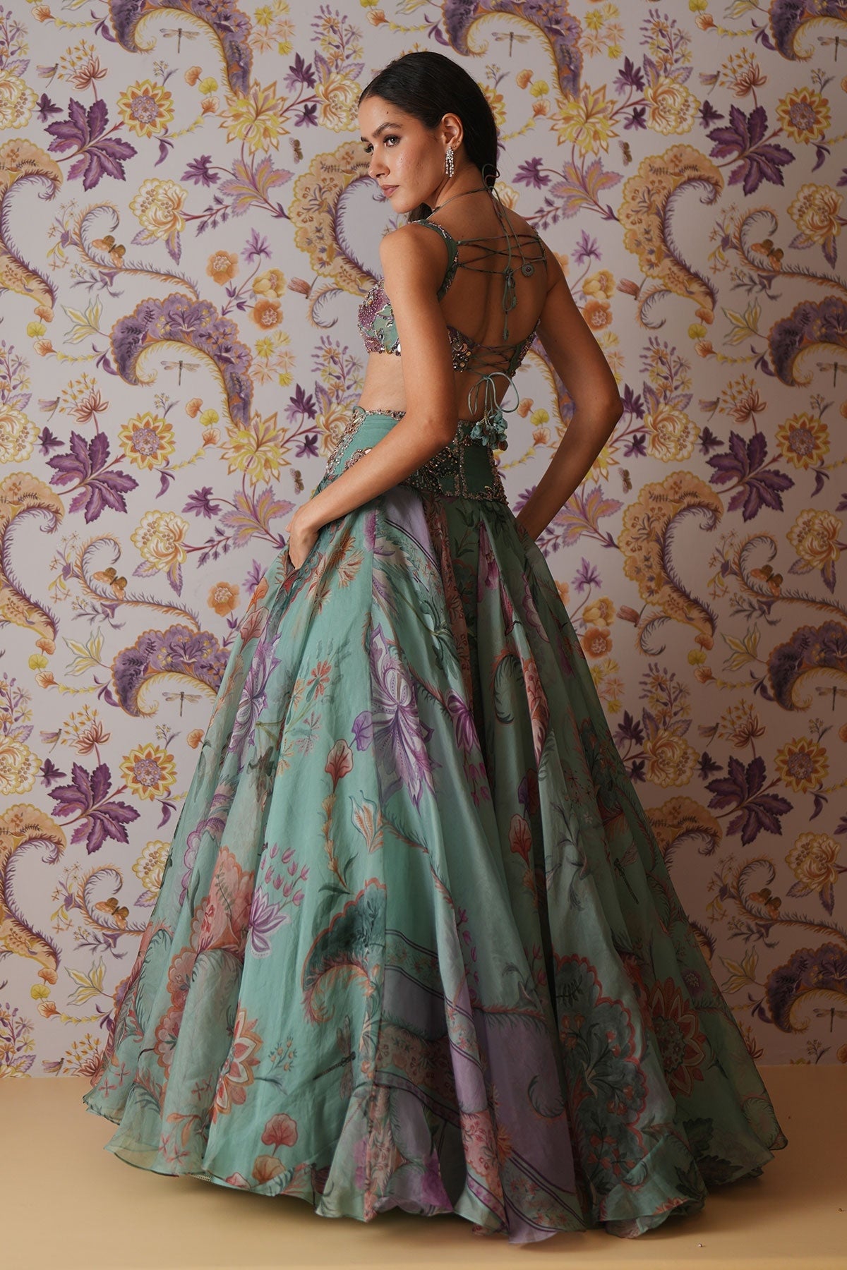 Areeba Floral Lehenga With Hand Embroidered Bralette Top