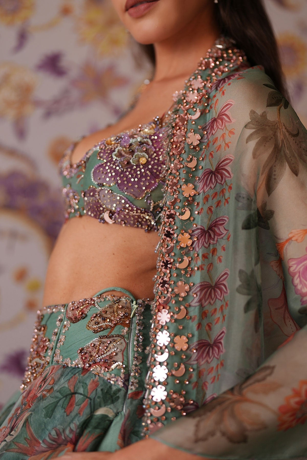 Areeba Floral Lehenga With Hand Embroidered Bralette Top