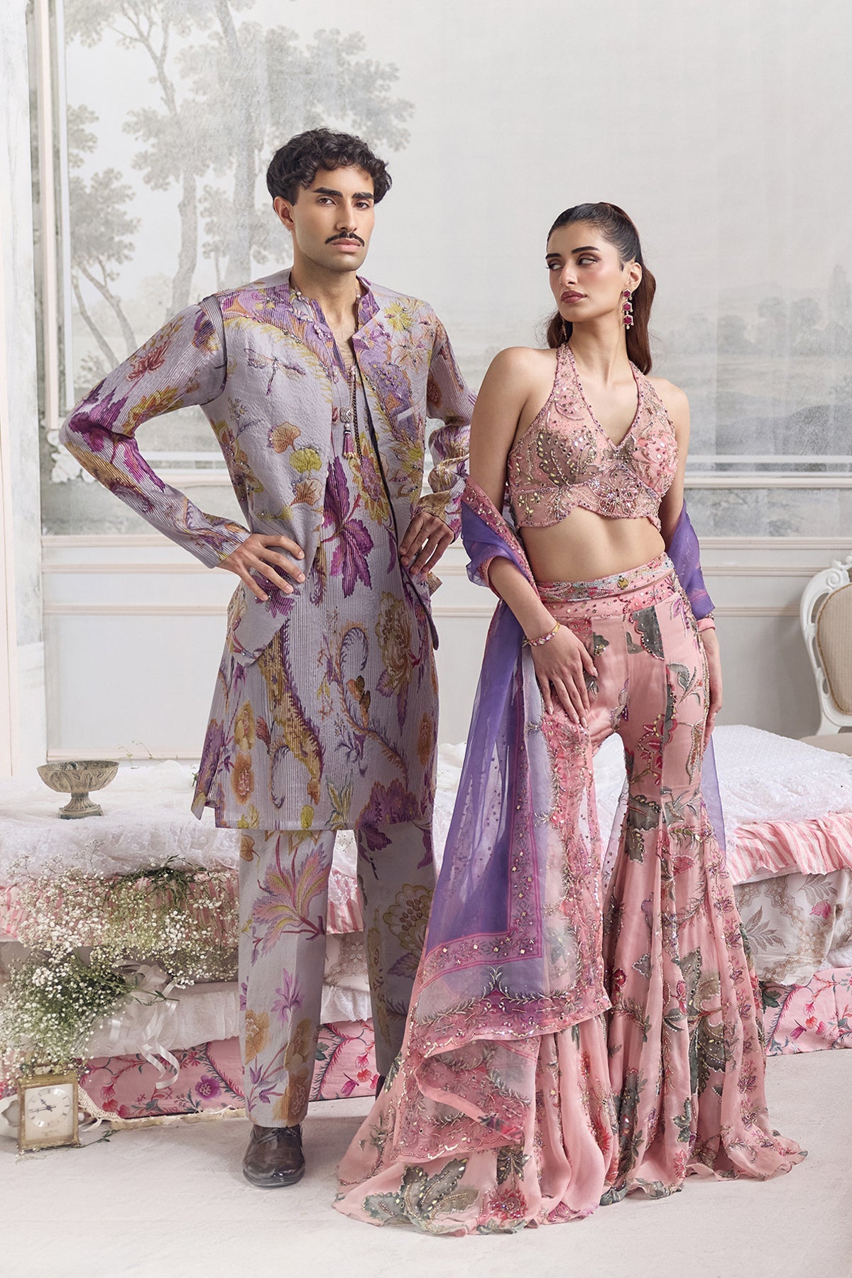 Rust Print and Highlighted Draped Saree Set