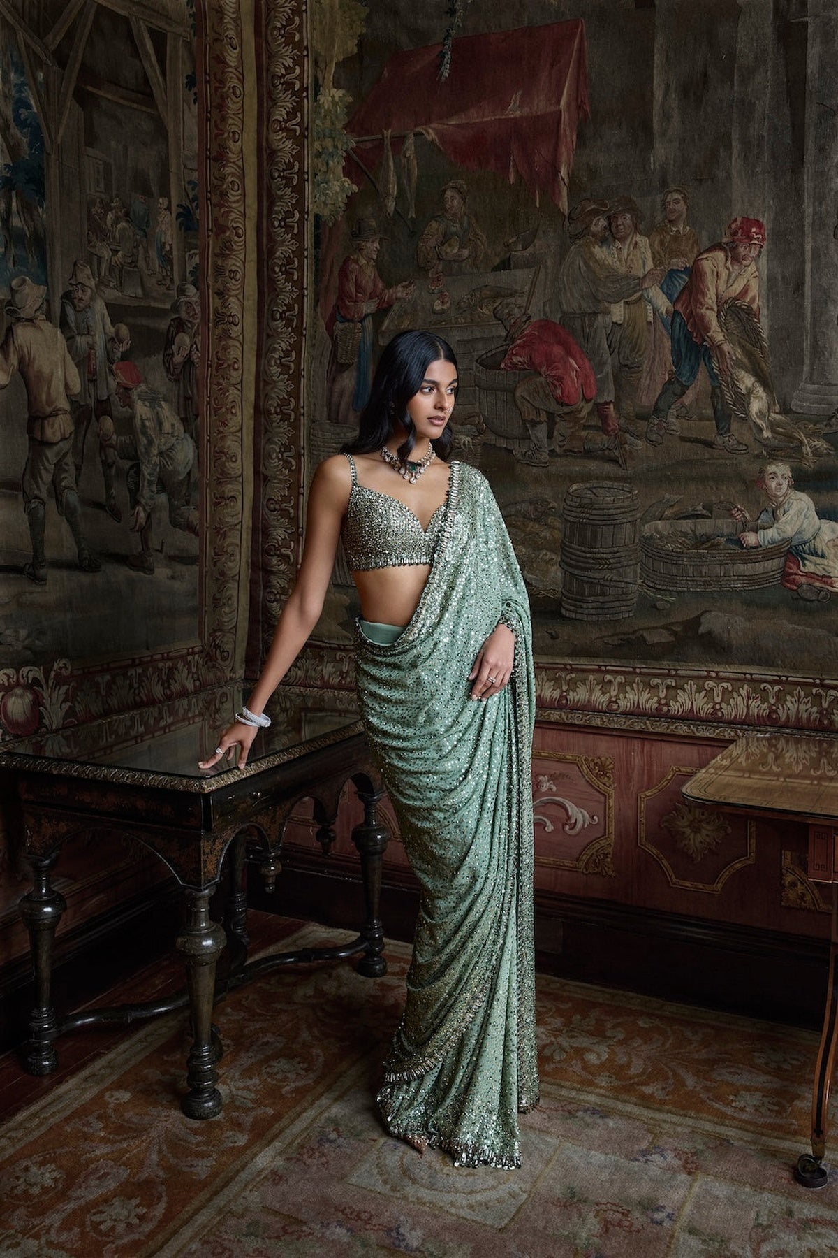Moss Green Sequin Saree