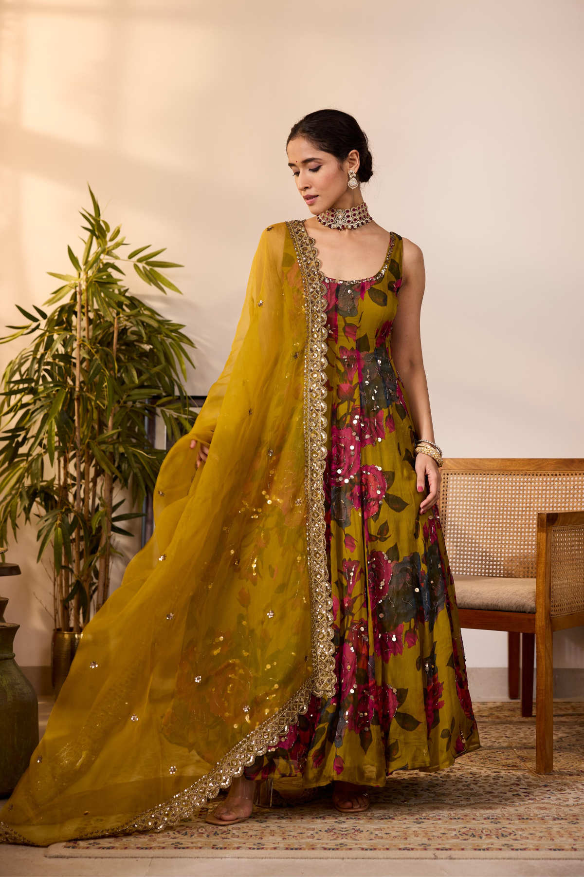 MUSTARD CHIFFON FLORAL A-LINE ANARKALI