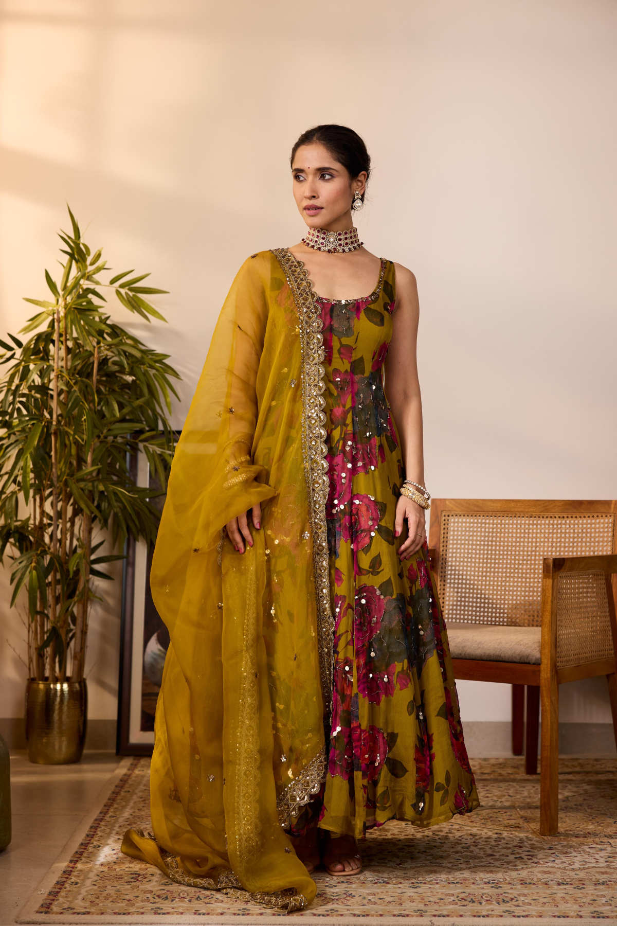 MUSTARD CHIFFON FLORAL A-LINE ANARKALI