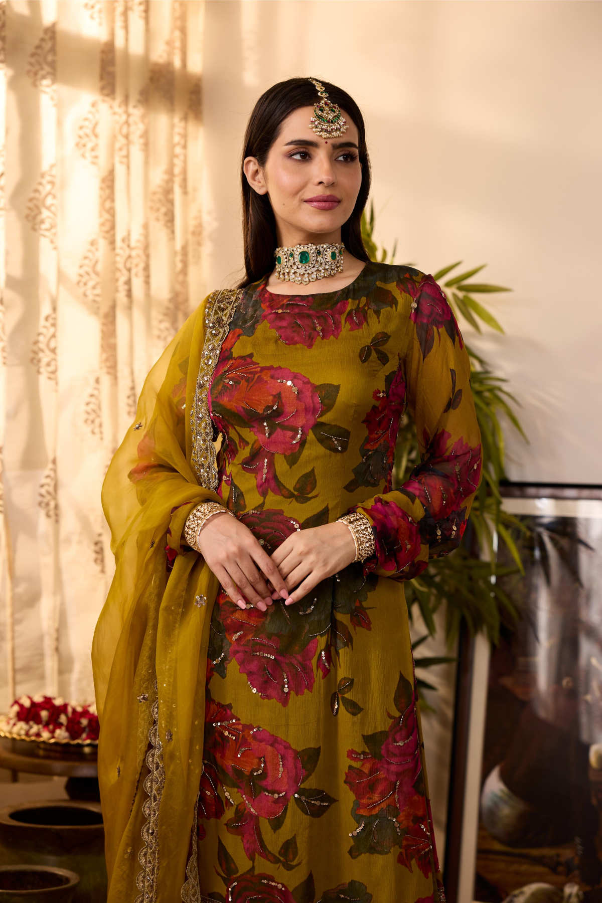 MUSTARD CHIFFON FLORAL KURTI
