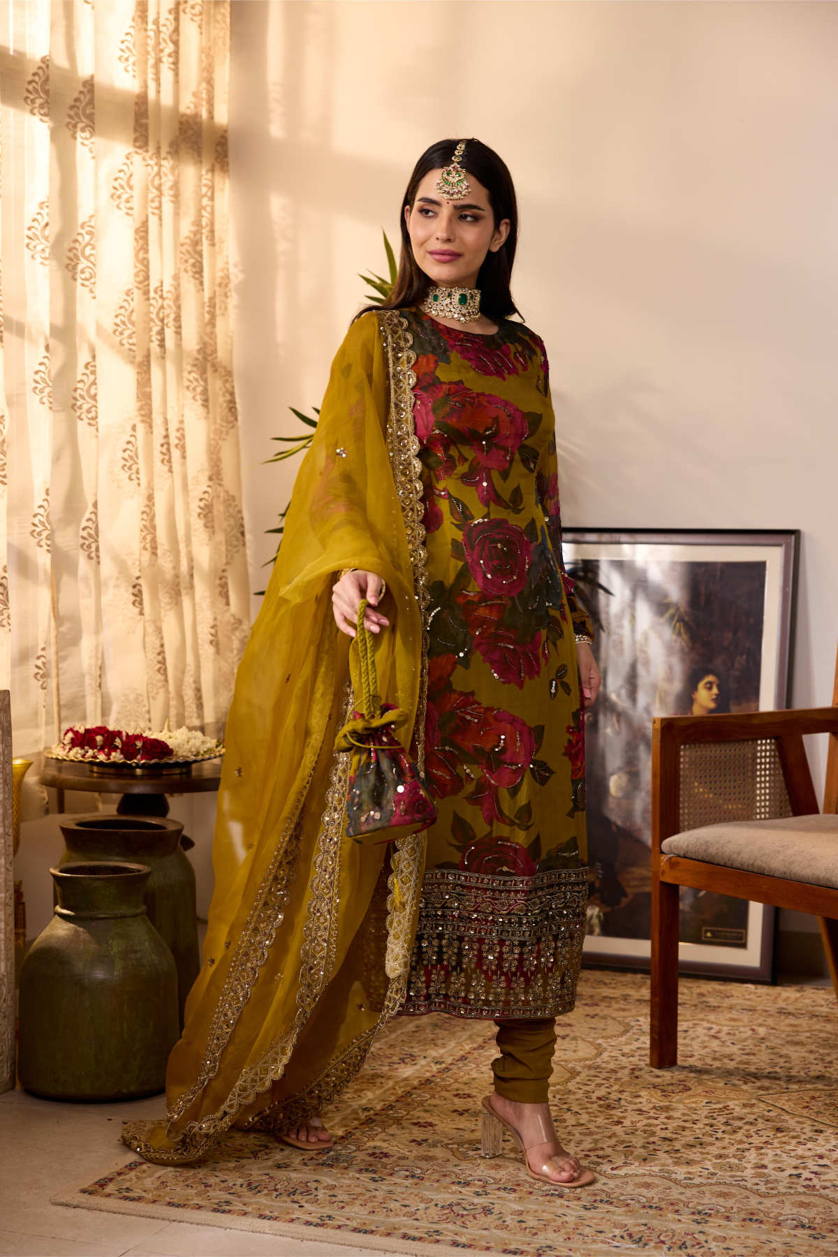 MUSTARD CHIFFON FLORAL KURTI