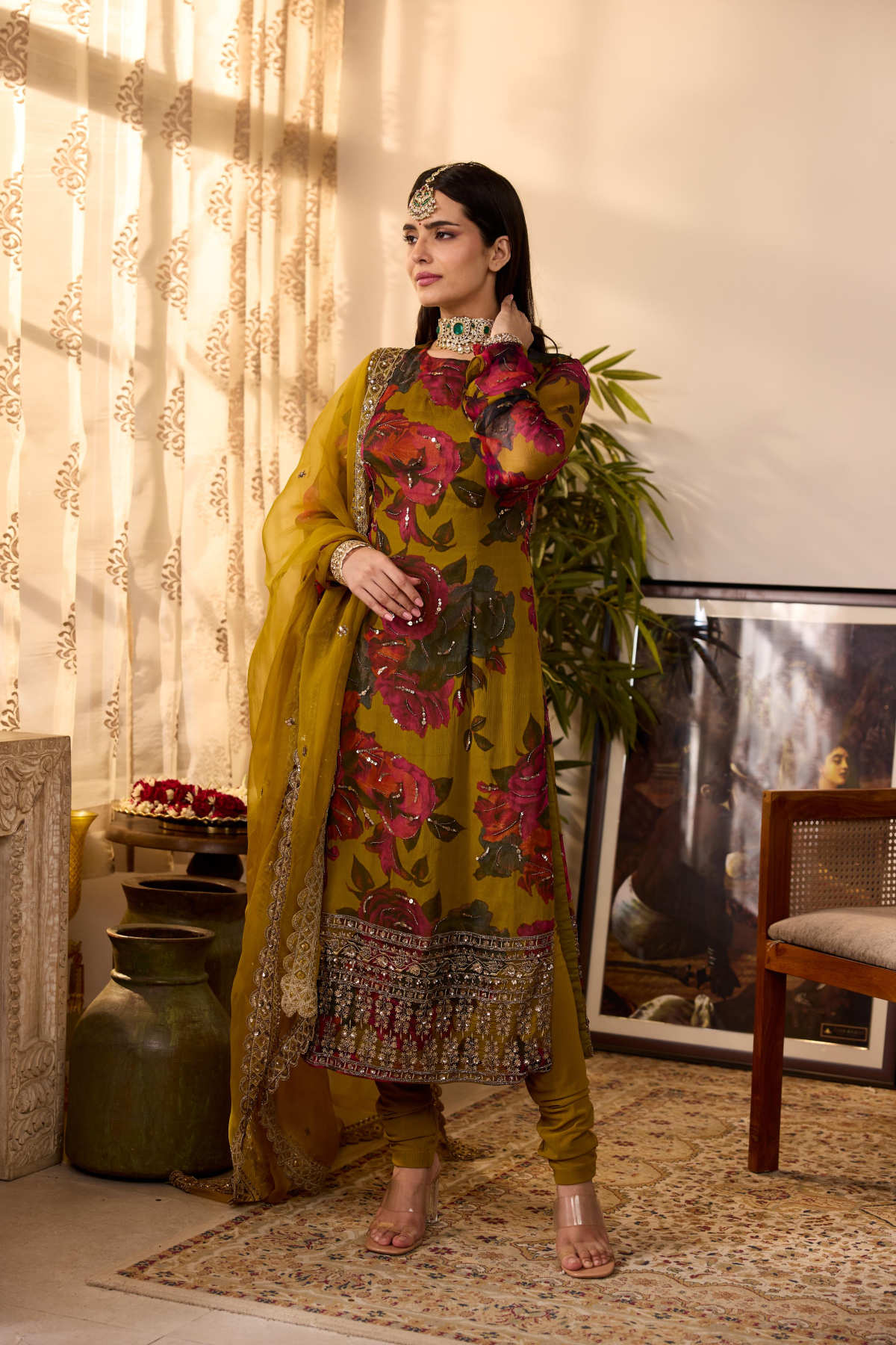 MUSTARD CHIFFON FLORAL KURTI