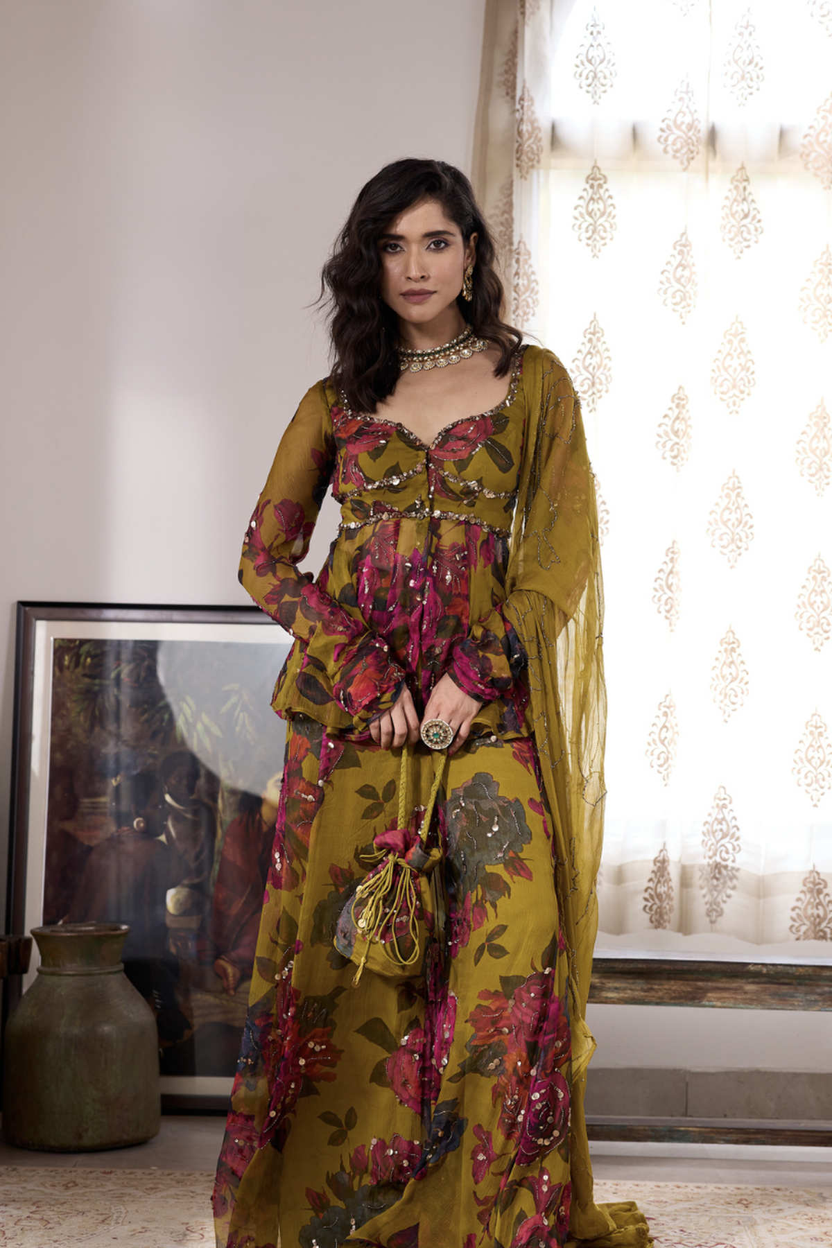 MUSTARD CHIFFON FLORAL PEPLUM & SHARARA