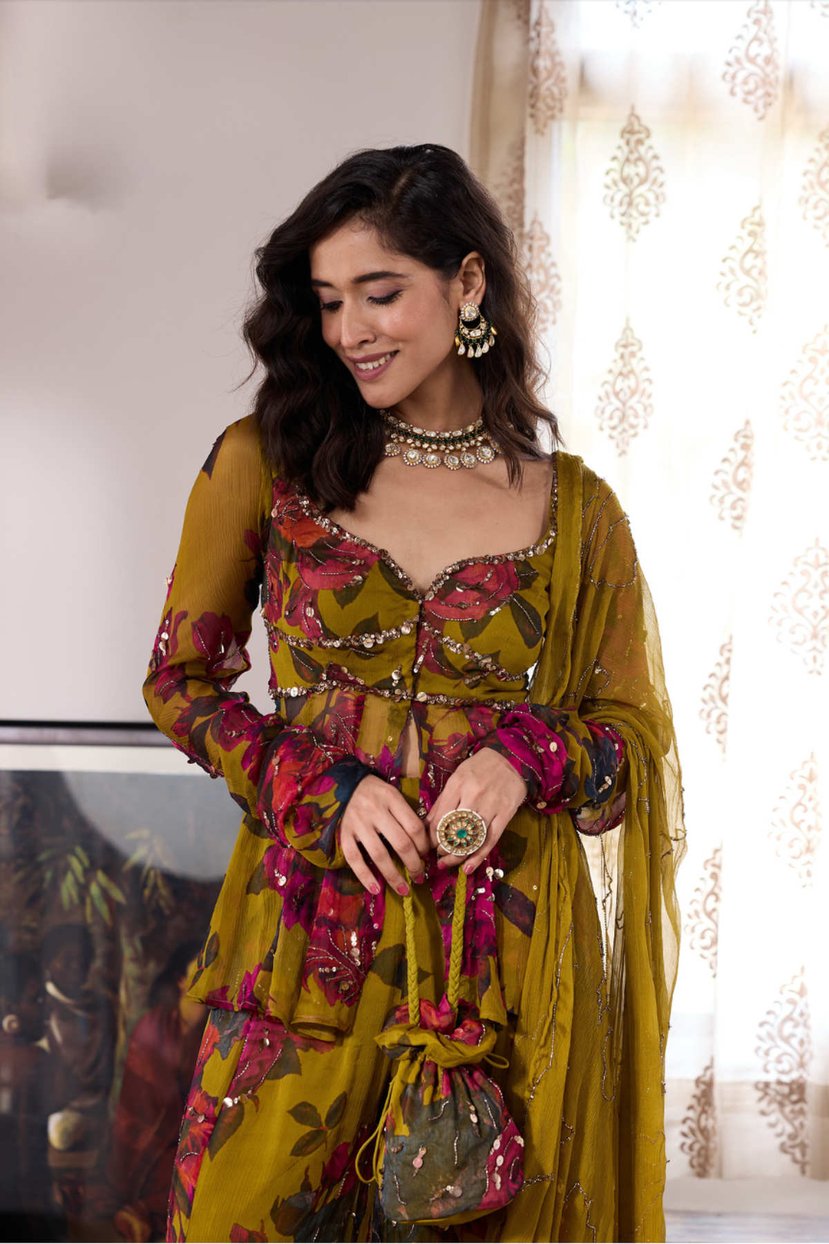 MUSTARD CHIFFON FLORAL PEPLUM & SHARARA