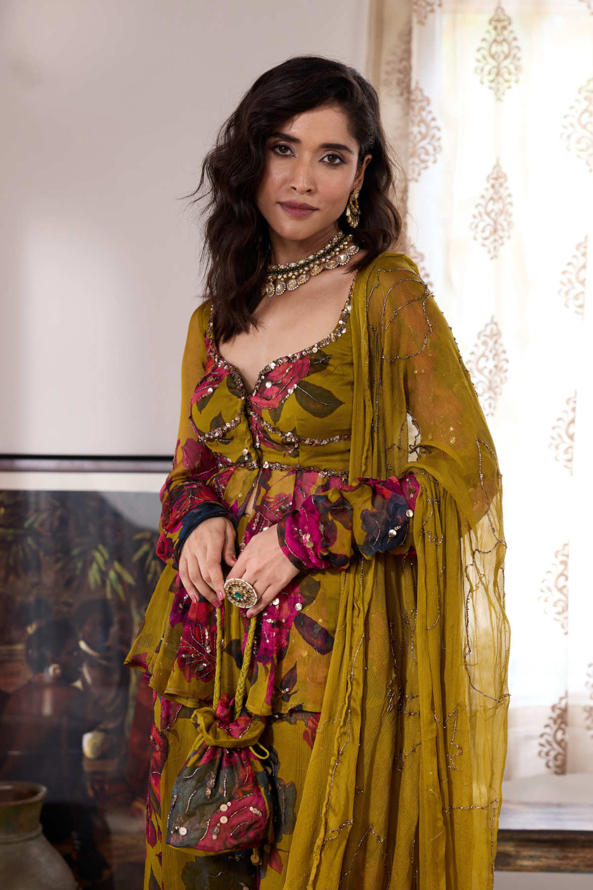 MUSTARD CHIFFON FLORAL PEPLUM & SHARARA