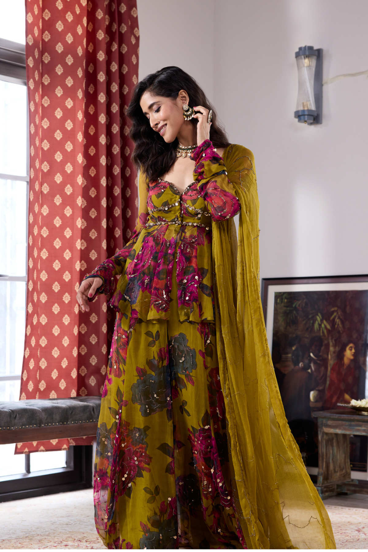 MUSTARD CHIFFON FLORAL PEPLUM & SHARARA