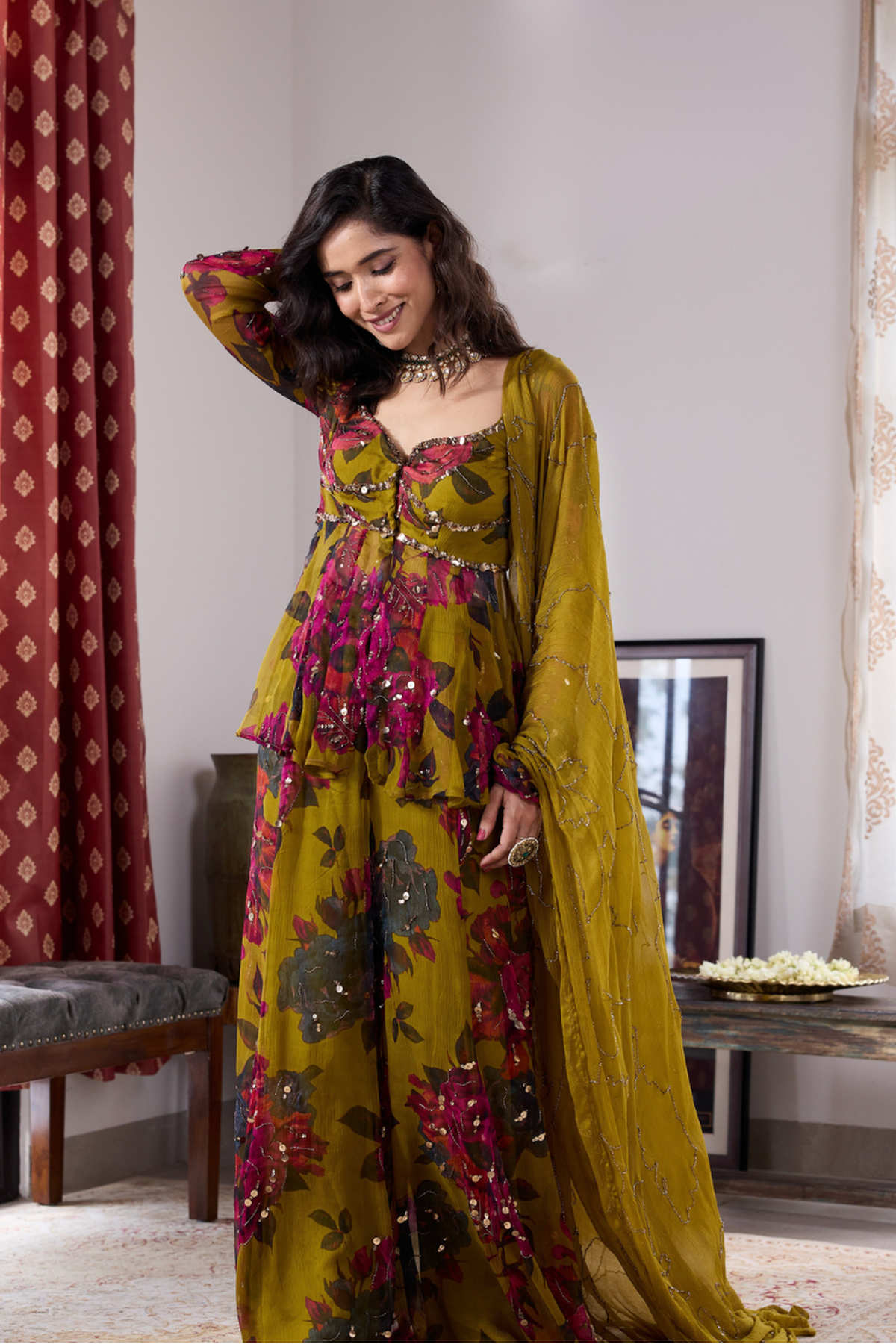 MUSTARD CHIFFON FLORAL PEPLUM & SHARARA