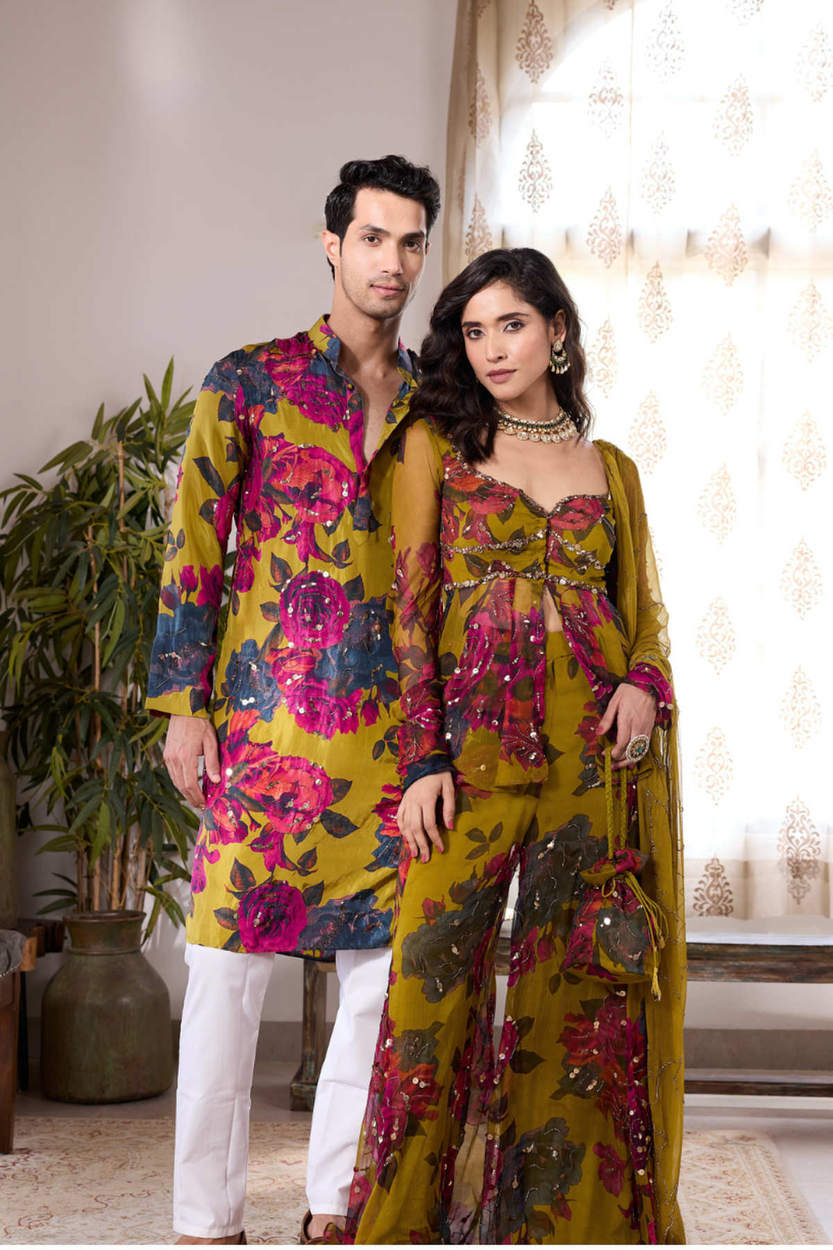 MUSTARD CHIFFON FLORAL PEPLUM & SHARARA