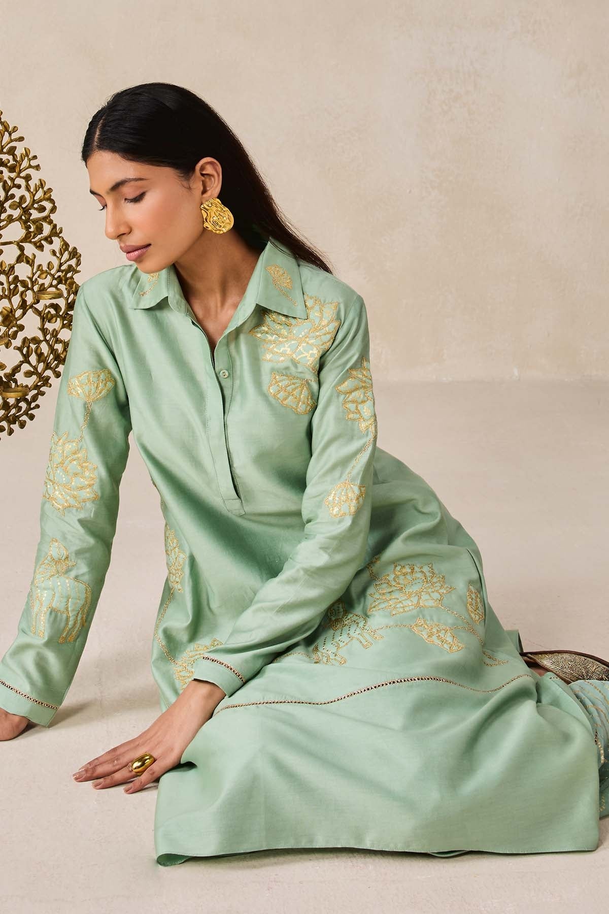 Chanderi Assmmetrical Kurta With Pant Set