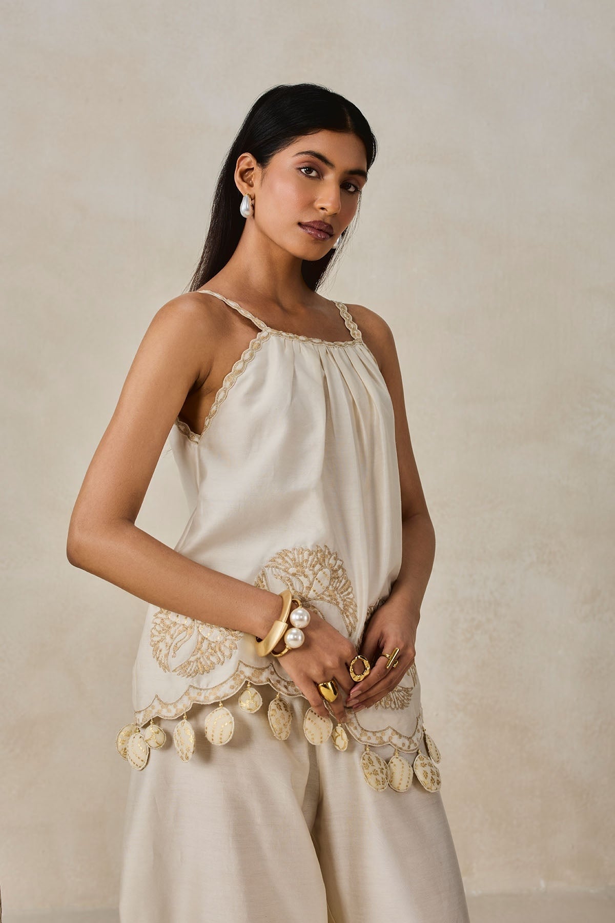 Chanderi Applique Embroidery Strappy Short Top And Palazo Set