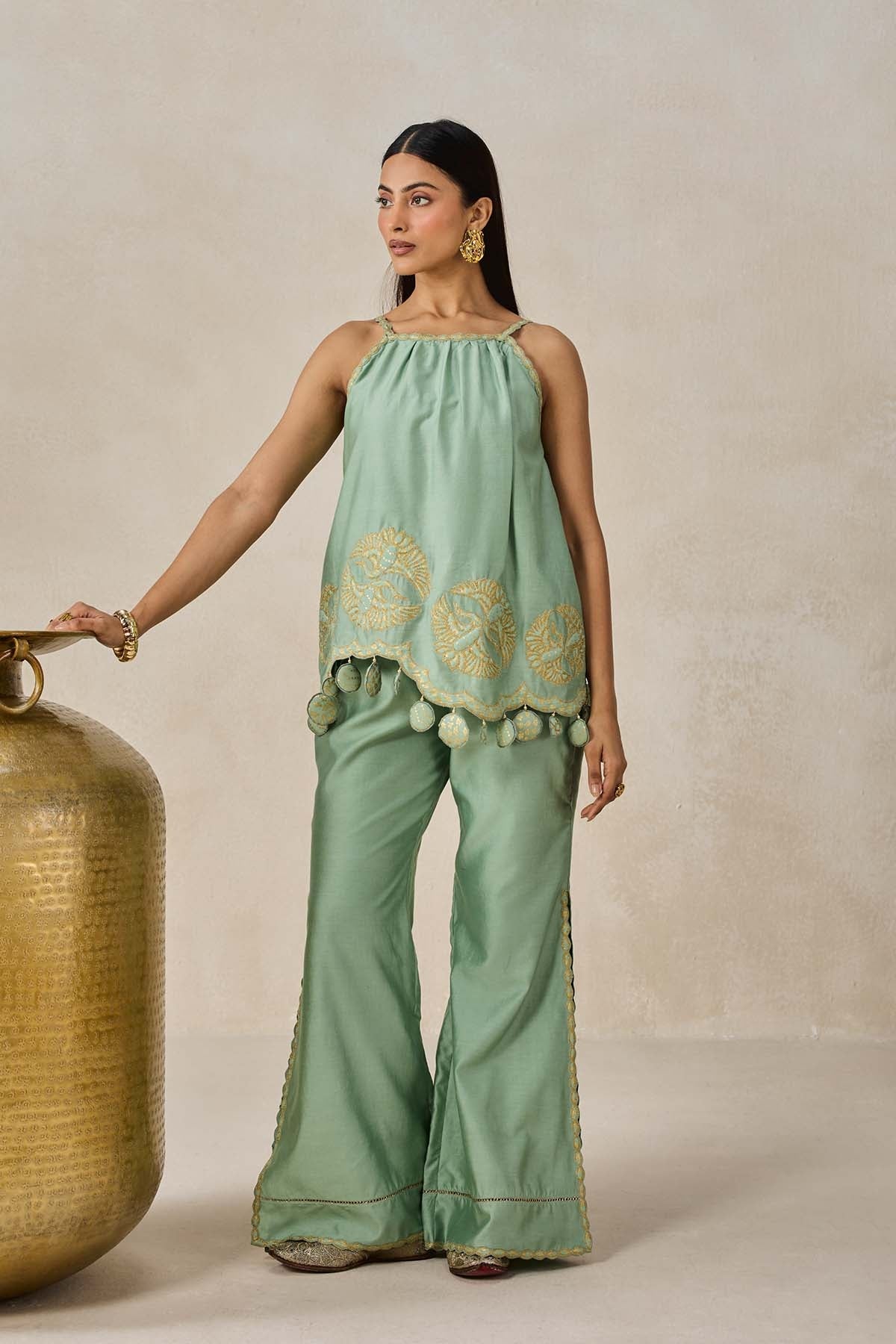 Chanderi Applique Embroidery Strappy Short Top And Palazo Set