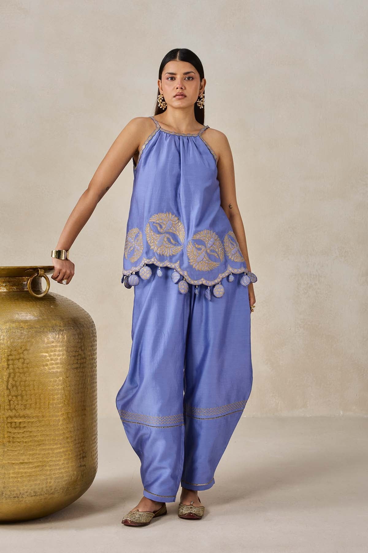 Chanderi Applique Embroidery Strappy Short Top And Palazo Set
