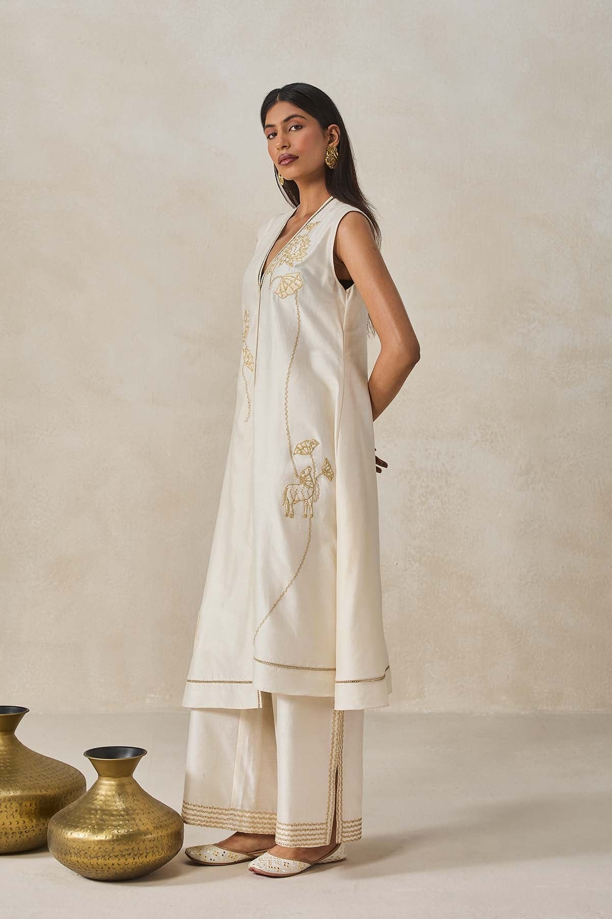 Chanderi Applique work Kurta With Pant Set
