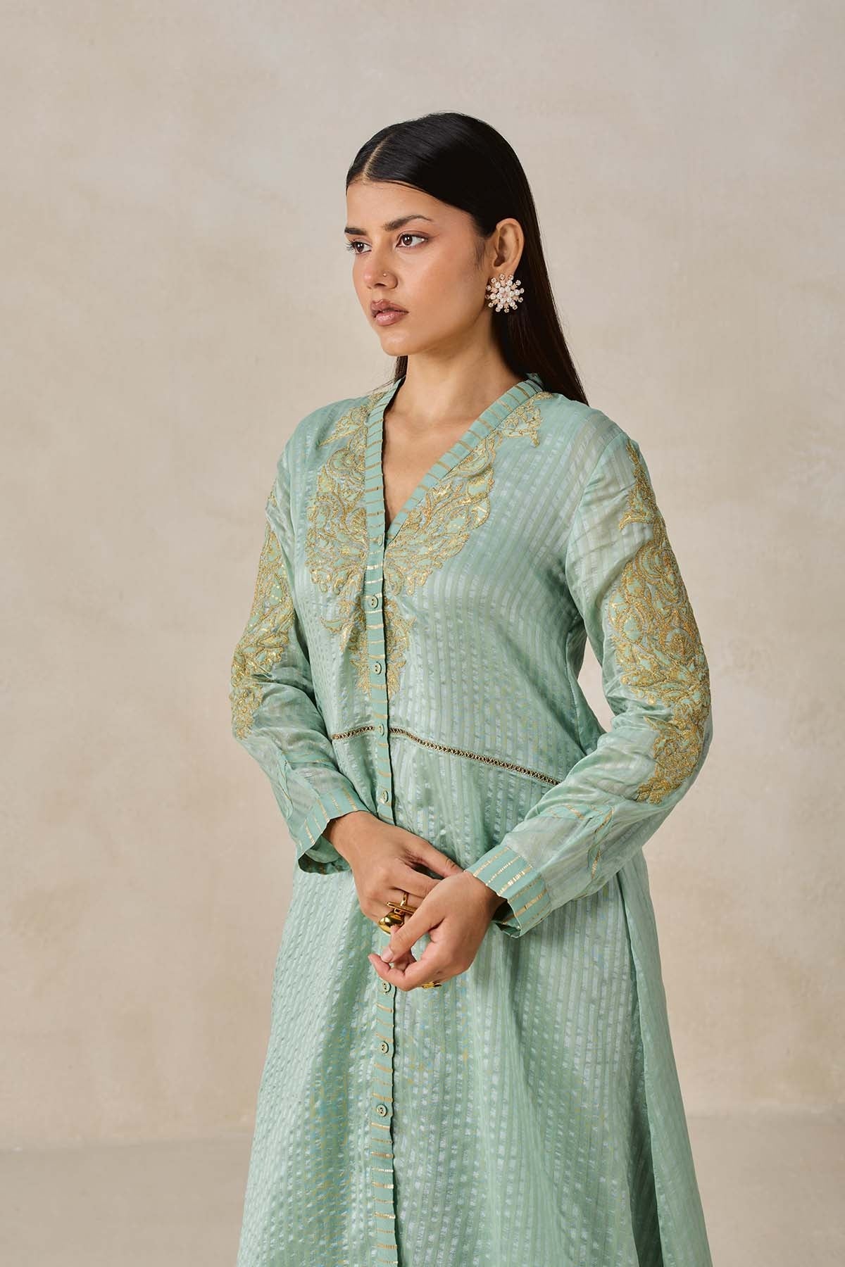 Chanderi Front Open Assymetrical Kurta With Pant