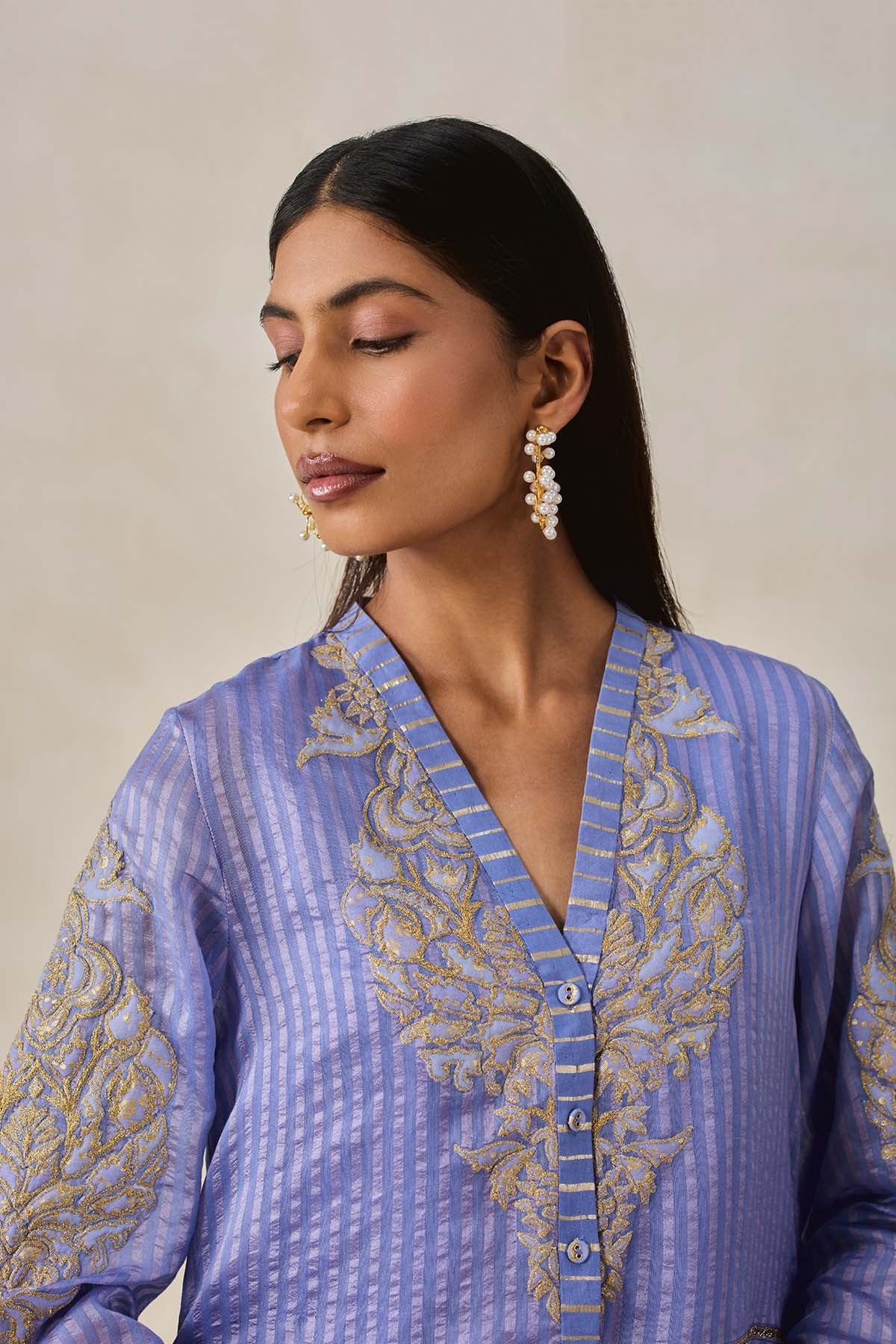 Chanderi Front Open Assymetrical Kurta With Pant