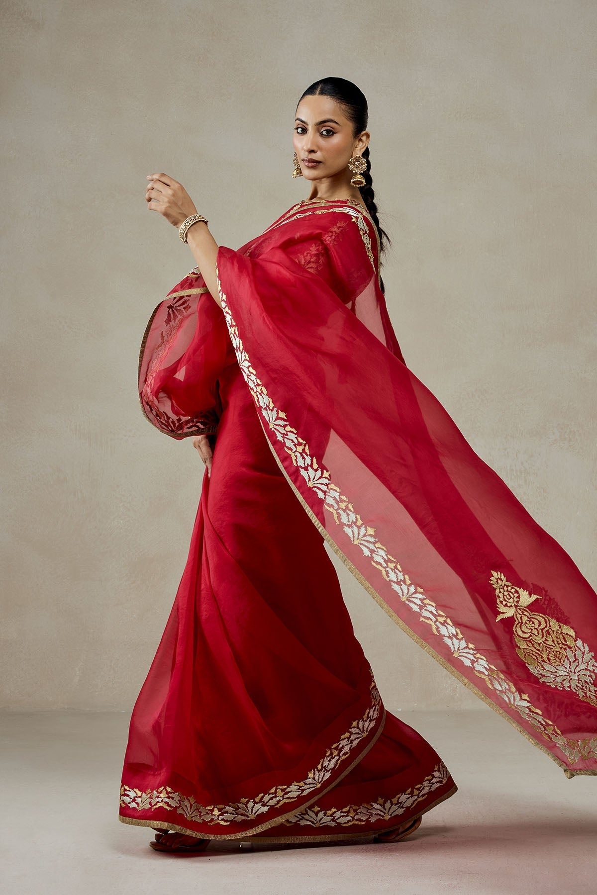 Organza Red Saree Set
