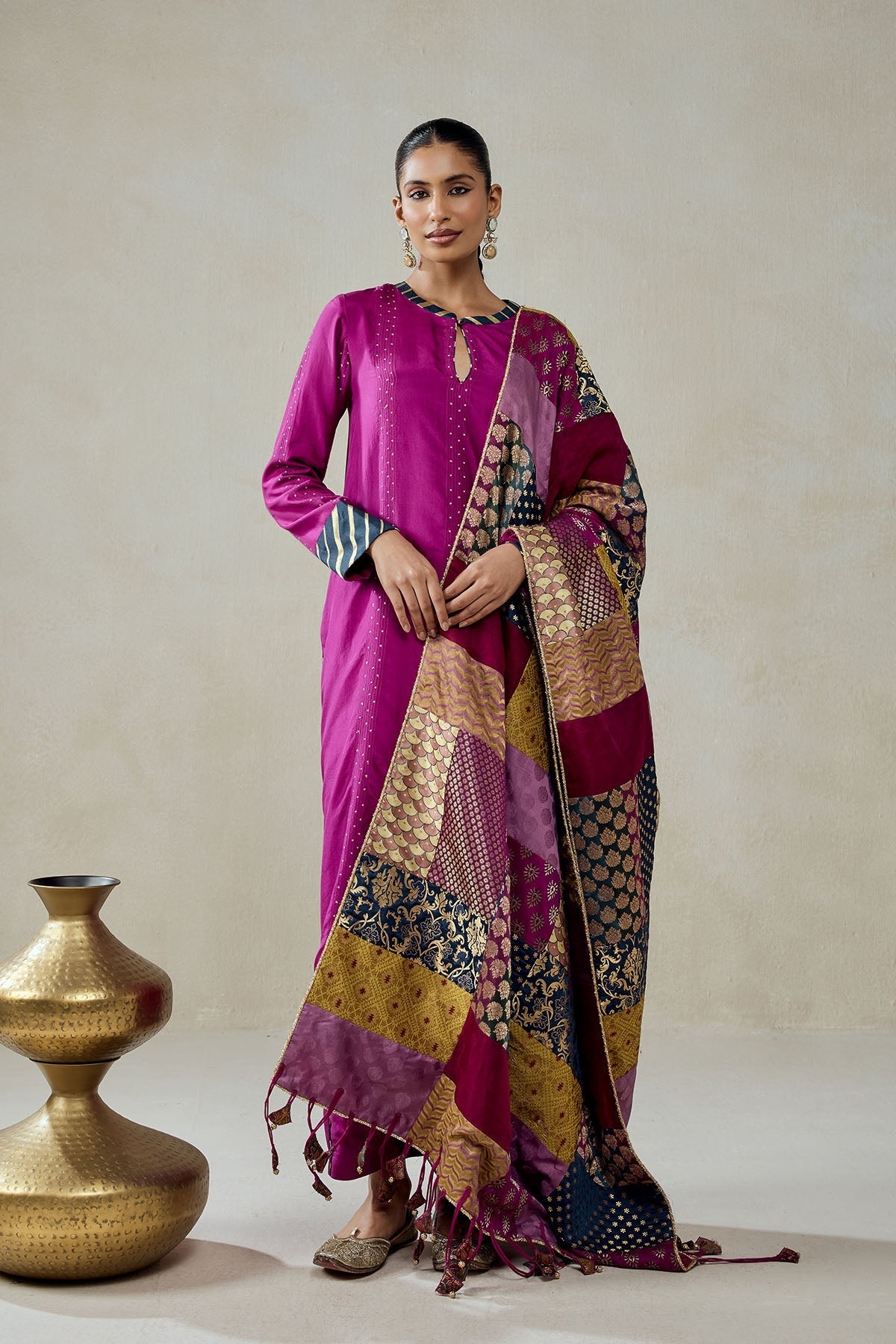 Wine Salwar Suit With Multicolour Brocade Dupatta Set