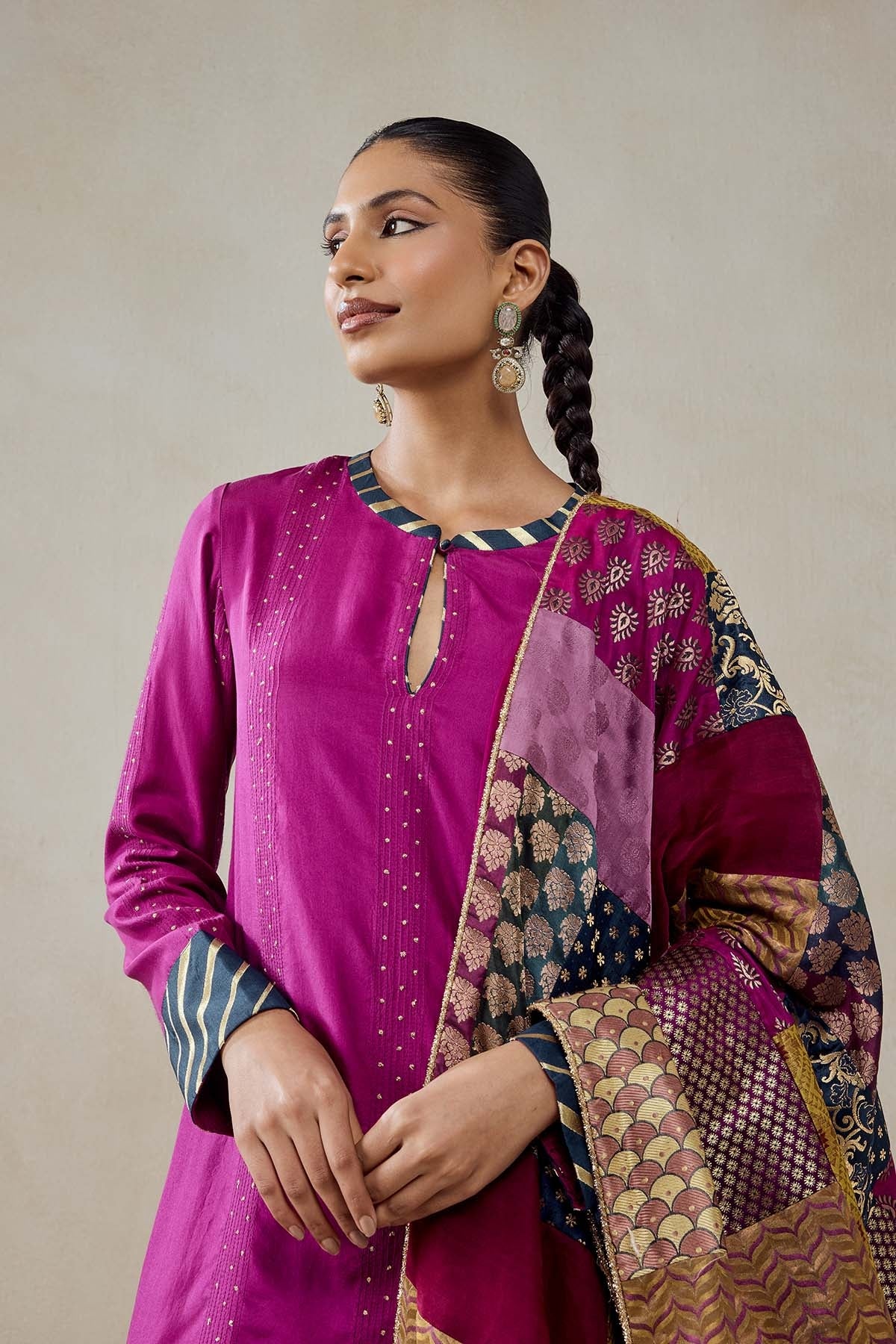 Wine Salwar Suit With Multicolour Brocade Dupatta Set