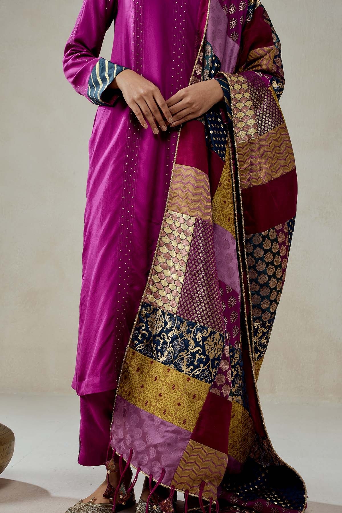 Wine Salwar Suit With Multicolour Brocade Dupatta Set