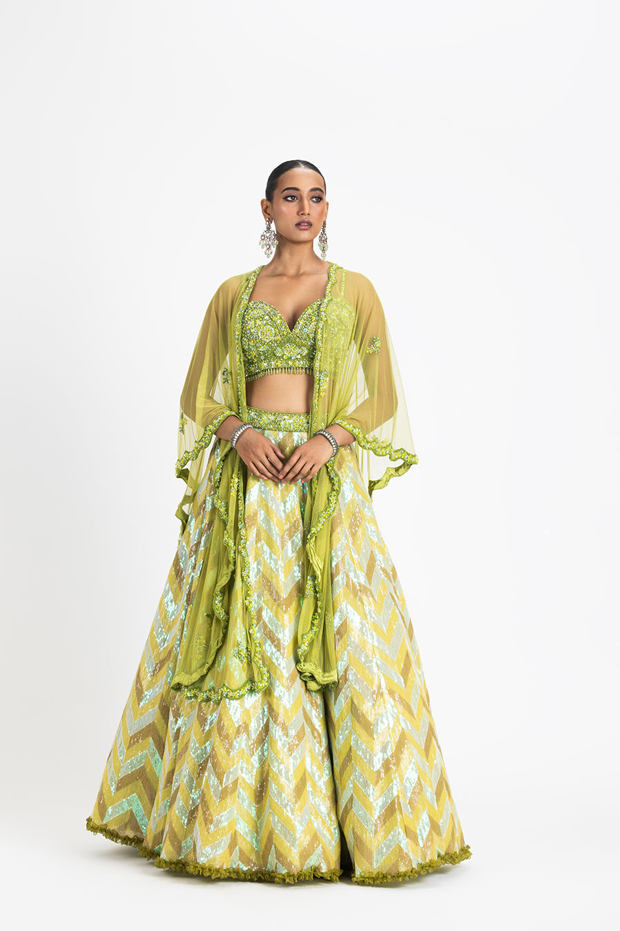 Nitika Gujral Mehndi Green Cape Lehenga Set S