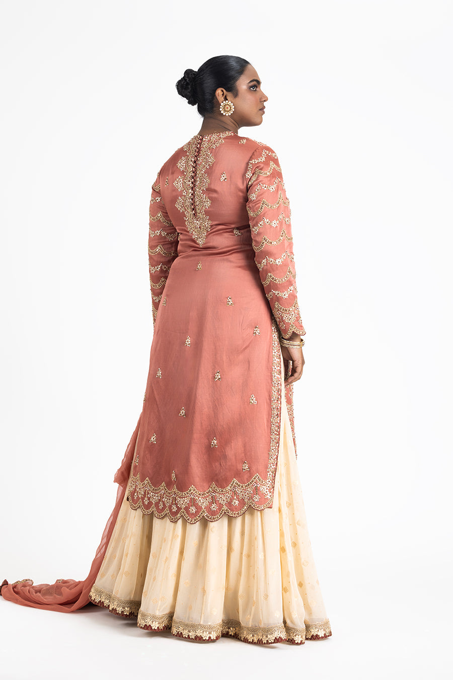 Rust Kurta With Cream Lehenga Set