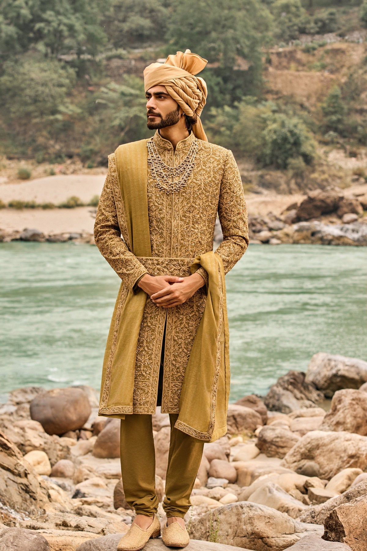 Deep Olive Heritage Sherwani Set