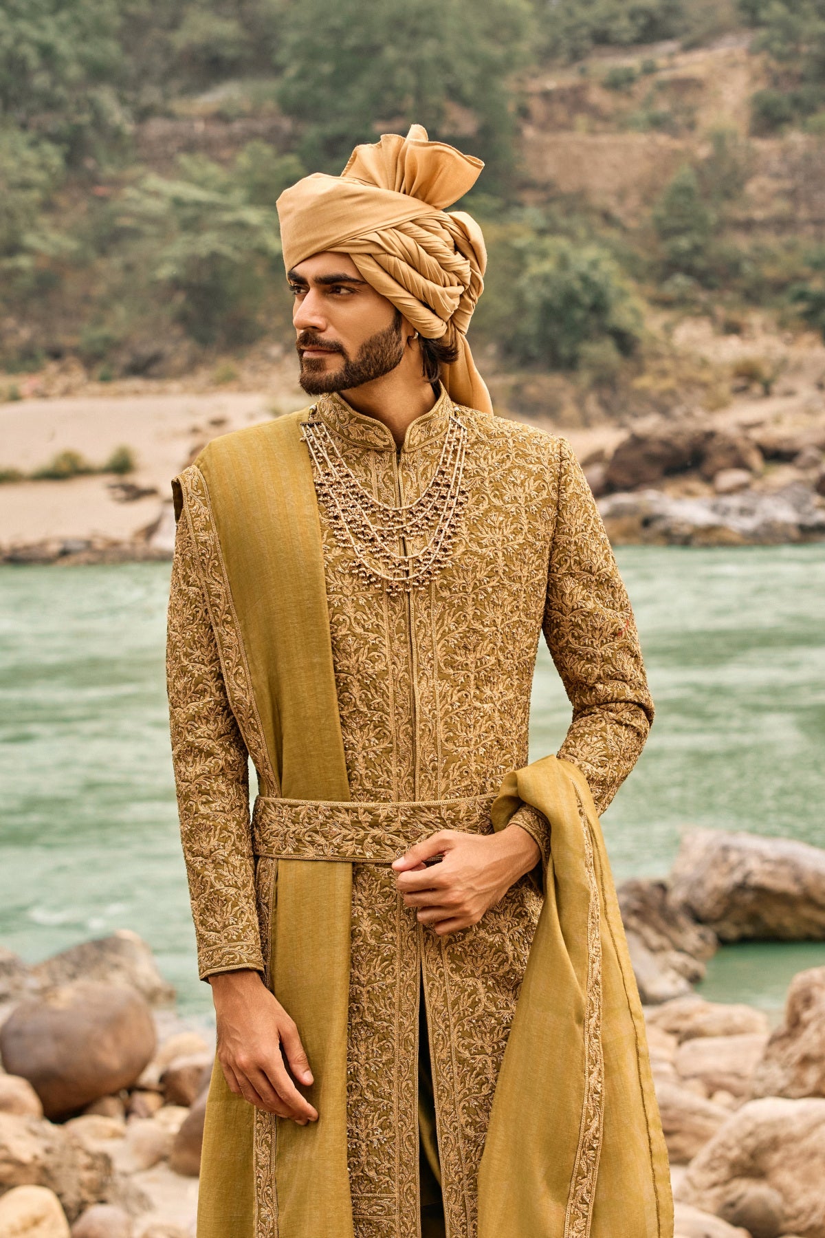 Deep Olive Heritage Sherwani Set